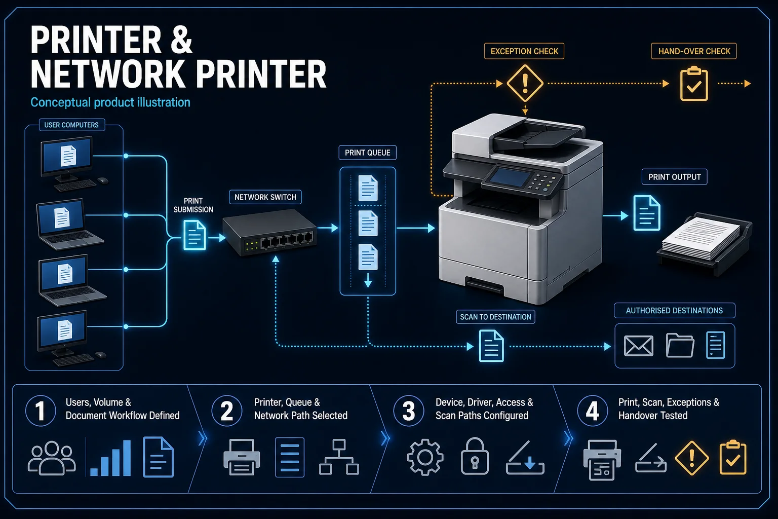 Conceptual Printer and Network Printer canvas showing user document flow, shared print queue and network path, device and driver configuration, authorised scan destinations, exceptions and handover tests.