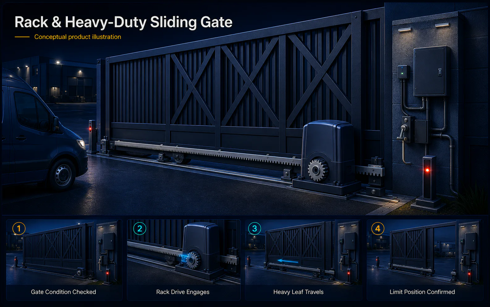 Conceptual Rack and Heavy-Duty Sliding Gate canvas showing a reinforced leaf, track, rollers, gear rack, operator, safety path and limit positions.