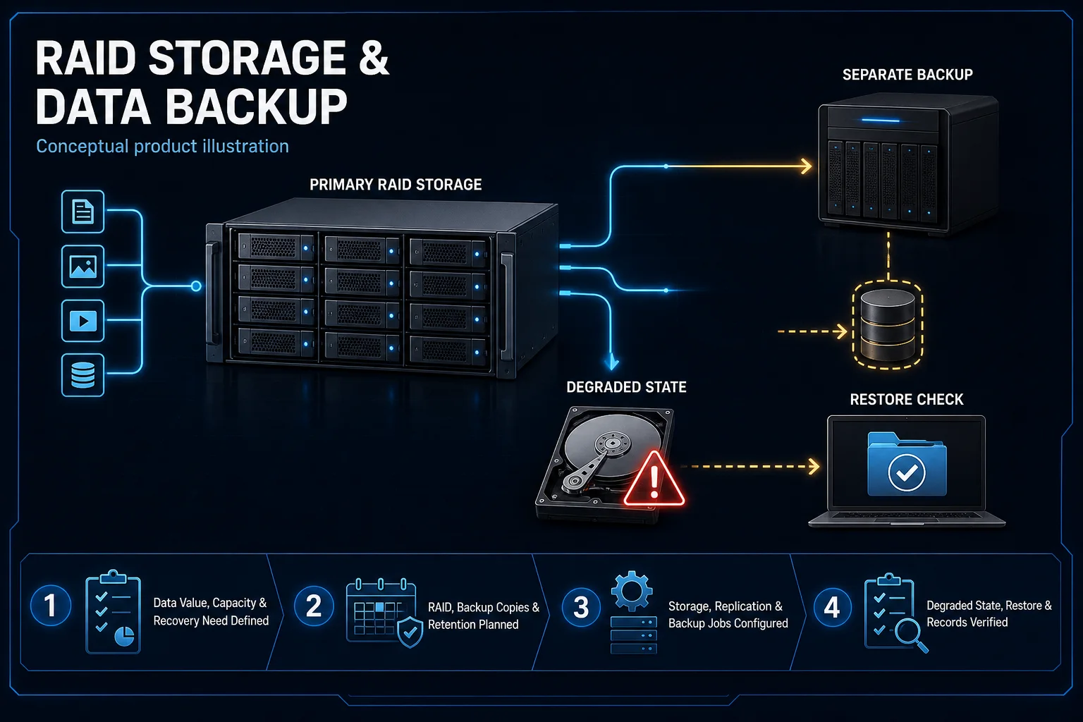Conceptual RAID Storage and Data Backup canvas distinguishing primary multi-drive storage, a separate backup target, degraded-drive state and restore verification without a protection or recovery guarantee.