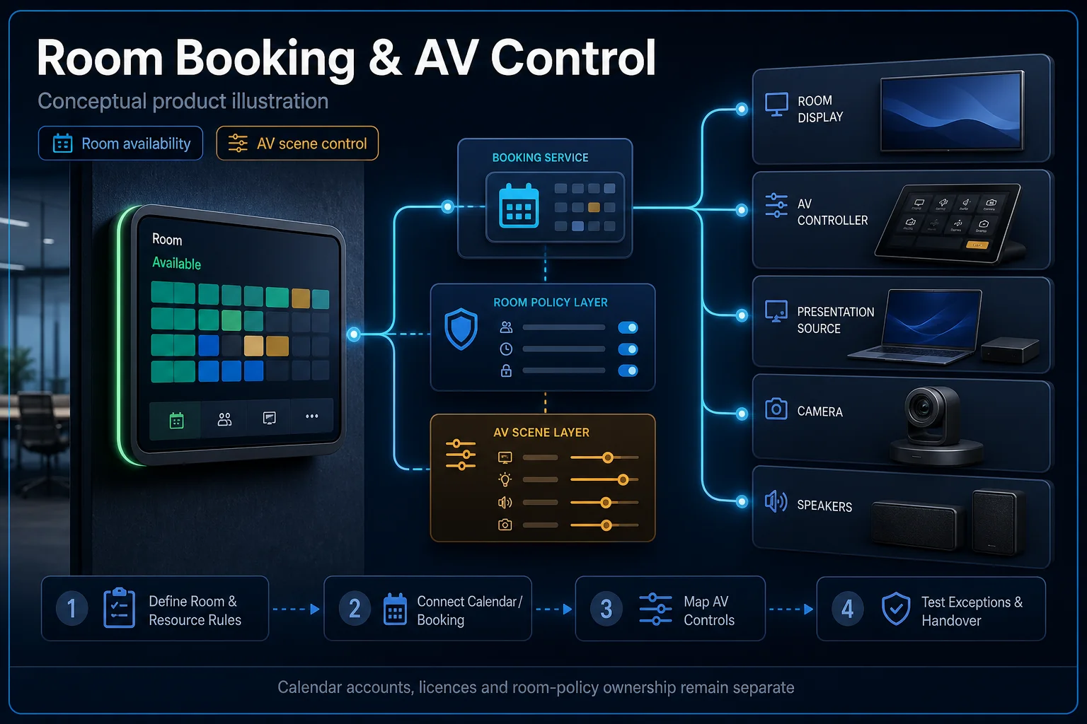 Conceptual Room Booking and AV Control canvas showing a generic availability panel, booking service, room-policy layer, AV-scene layer and room endpoints.