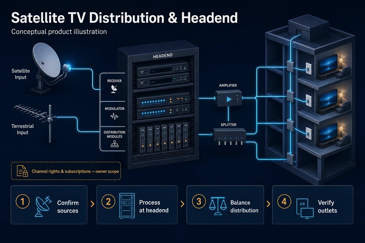 Conceptual Satellite TV Distribution and Headend canvas showing satellite and terrestrial inputs, generic headend modules, amplifier, splitter, building riser and room outlets.