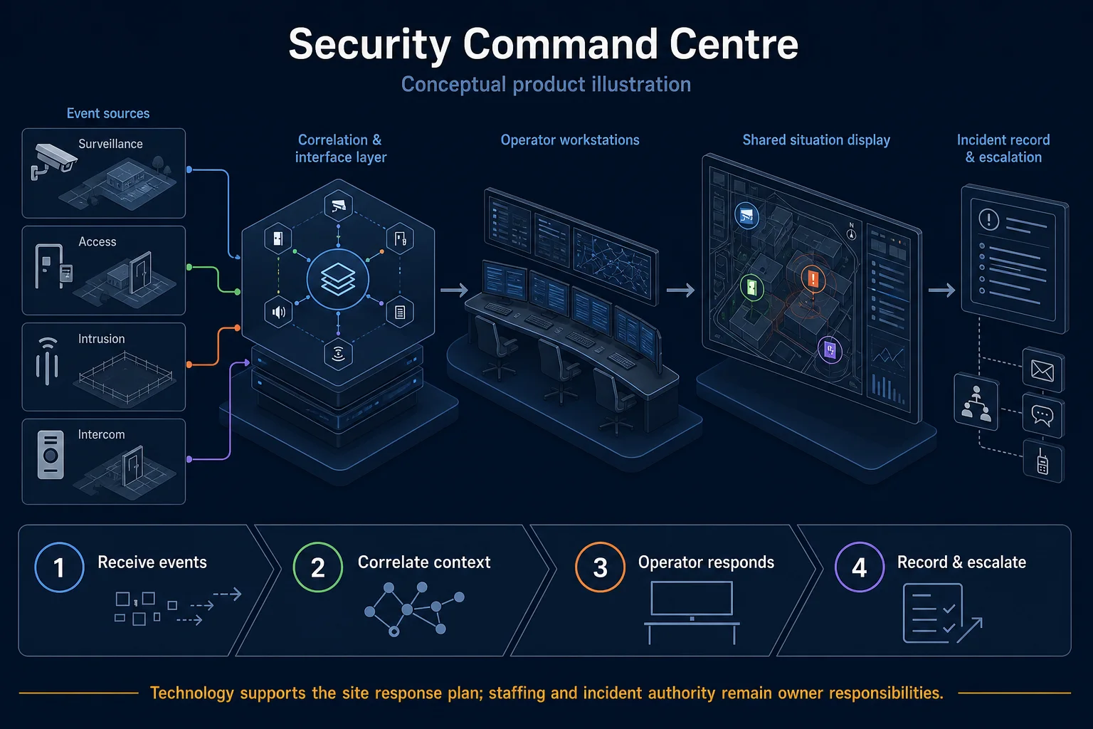 Conceptual Security Command Centre canvas showing separate surveillance, access, intrusion and intercom events, correlation, operator workflow, shared situation display and escalation record.
