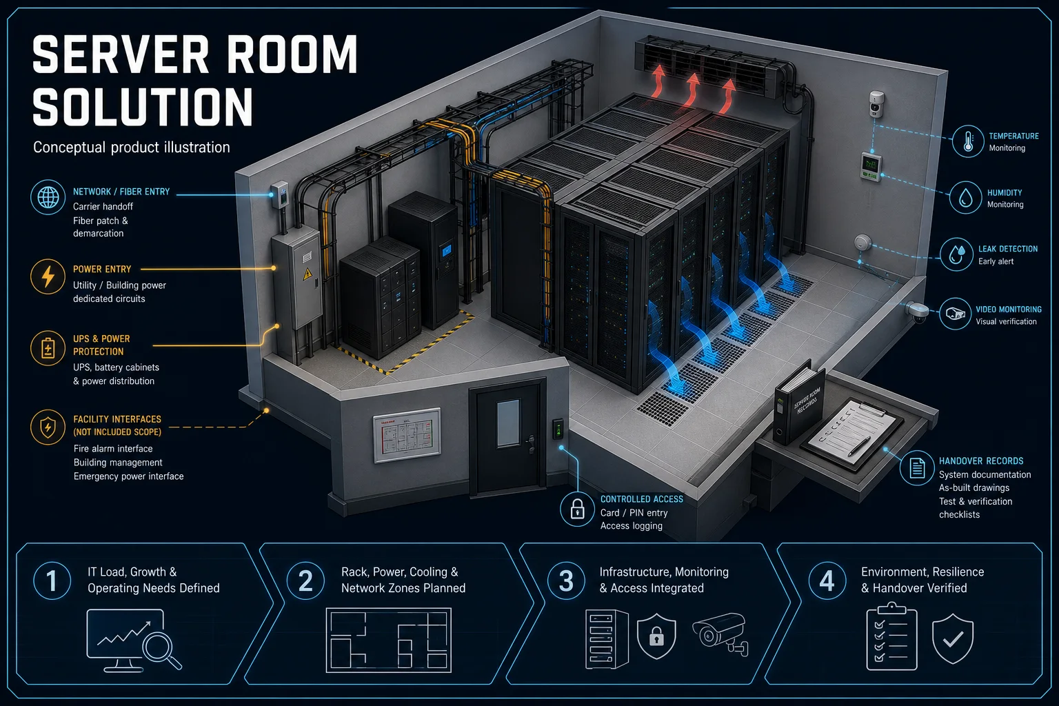 Conceptual Server Room Solution canvas coordinating rack, fiber and network entry, site-assessed power and UPS, cooling, environment monitoring, controlled access, cable routes and life-safety interface boundaries.