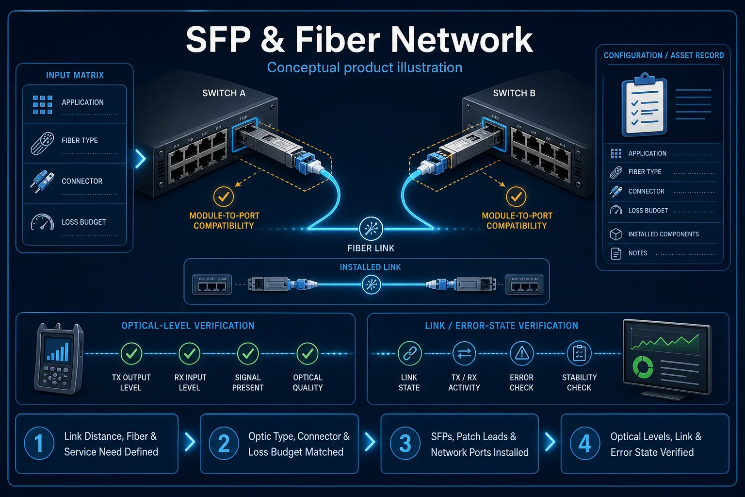 Conceptual SFP and Fiber Network canvas showing application and fiber inputs, module-to-port compatibility, generic optical modules, patch leads, installed link, optical-level and error-state checks, and an asset record.