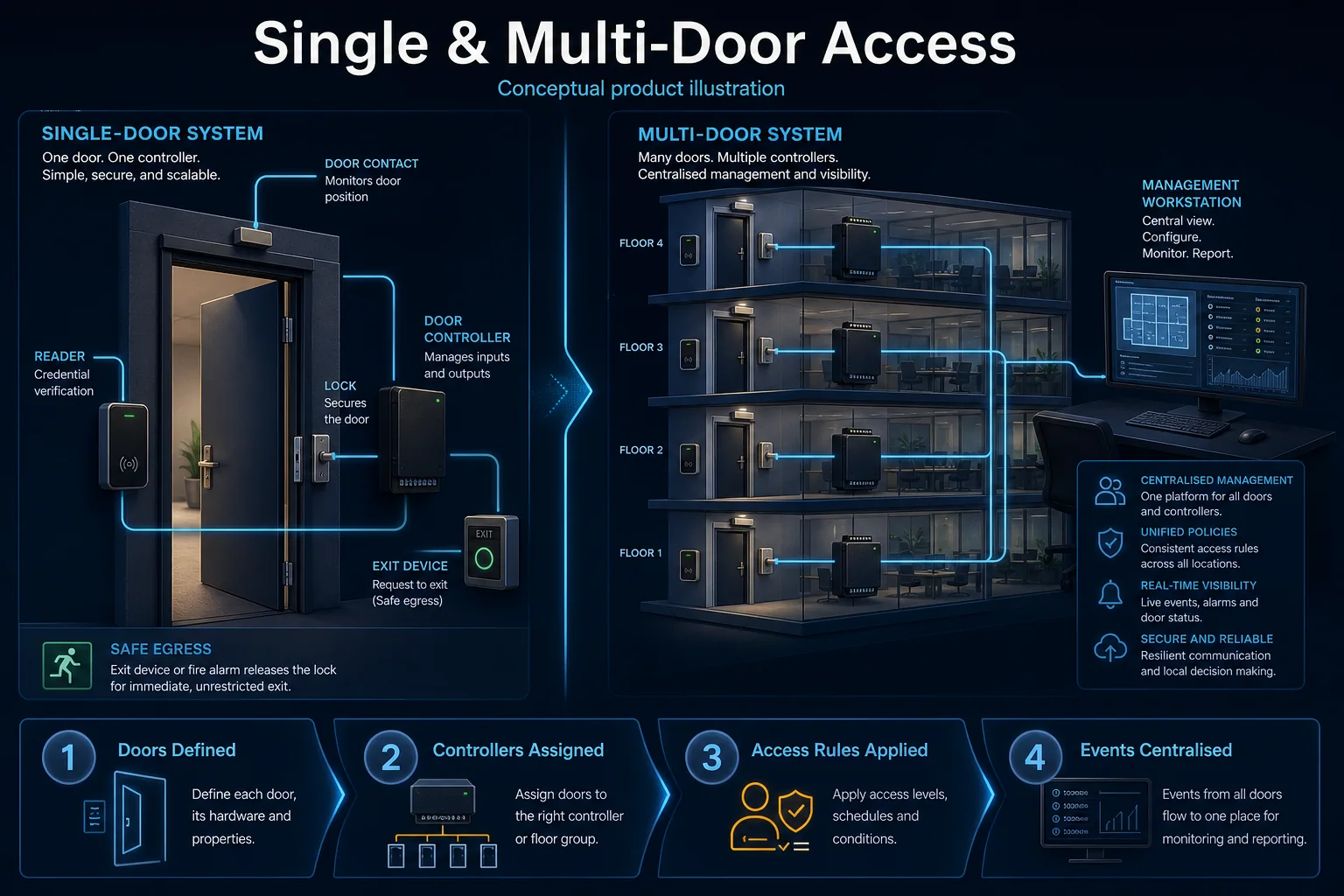 Conceptual Single and Multi-Door Access canvas comparing one-door and centrally managed multi-door controller paths with safe-exit hardware.