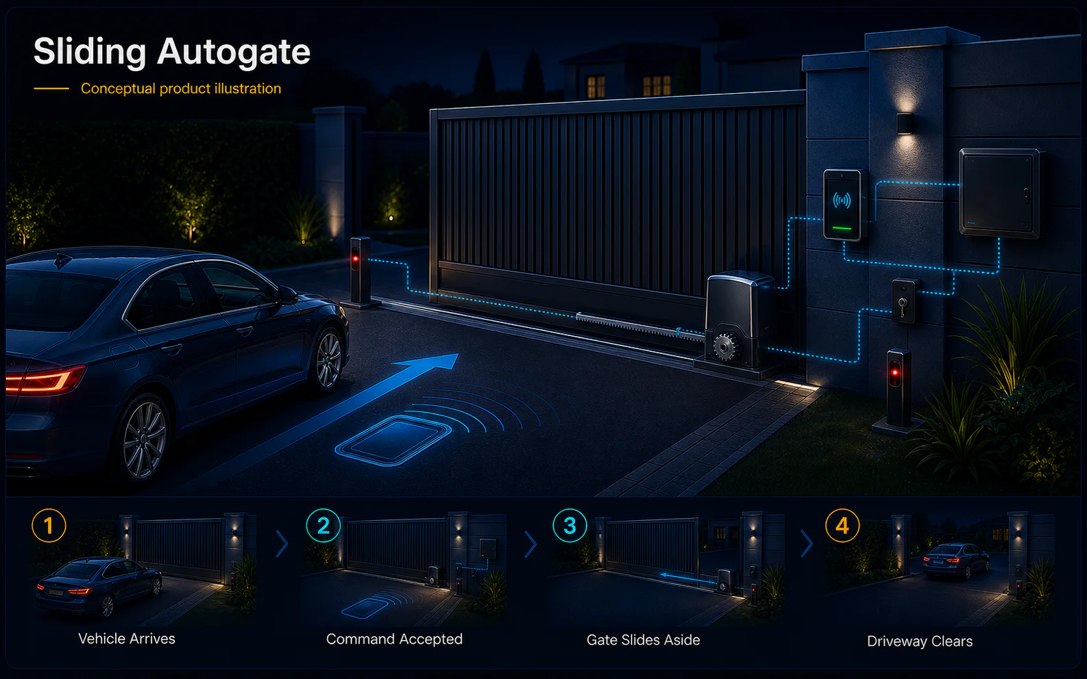 Conceptual Sliding Autogate canvas showing a vehicle, sliding leaf, rack-drive operator, controller, safety sensors and clear-driveway workflow.