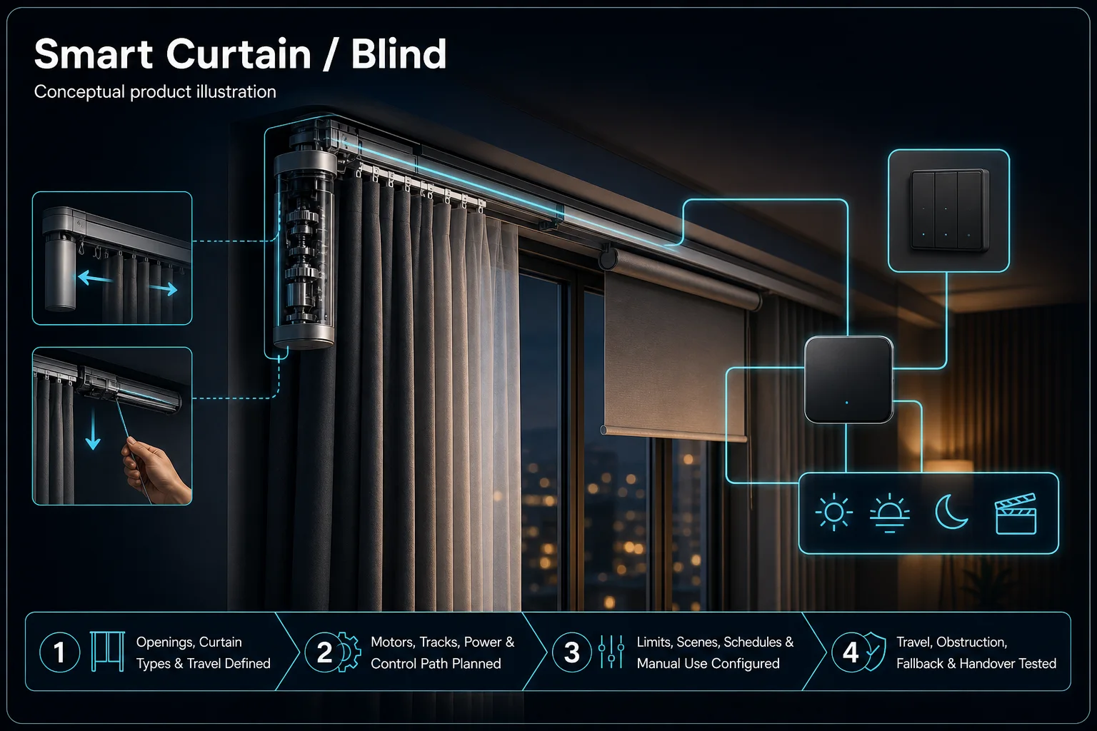 Conceptual Smart Curtain and Blind canvas showing motorised curtain track and roller blind, power and control paths, travel limits, scene scheduling, obstruction and manual-fallback checks.