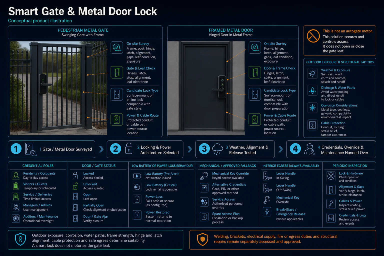 Conceptual Smart Gate and Metal Door Lock canvas showing gate and framed-door surveys, weather and structural factors, power-loss behaviour, fallback, egress and maintenance while remaining separate from autogate motorisation.