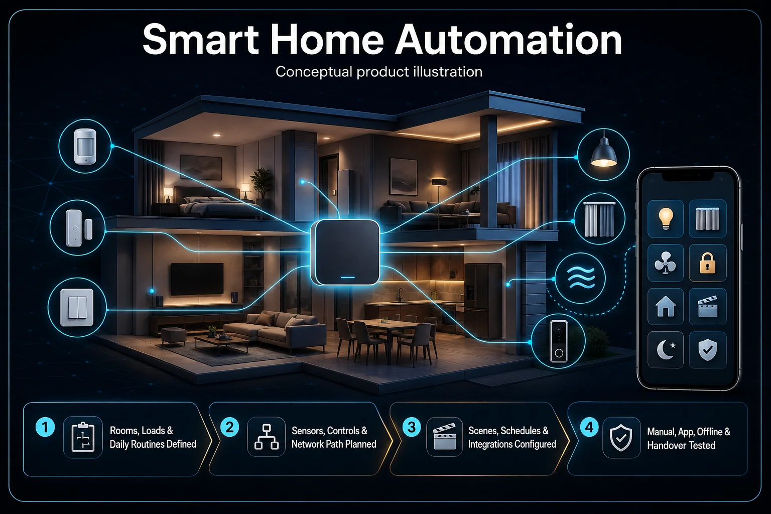 Conceptual Smart Home Project in Sarawak system context. Smart Home Project in Sarawak is shown as a conceptual engineering capability, not a completed project or client evidence.