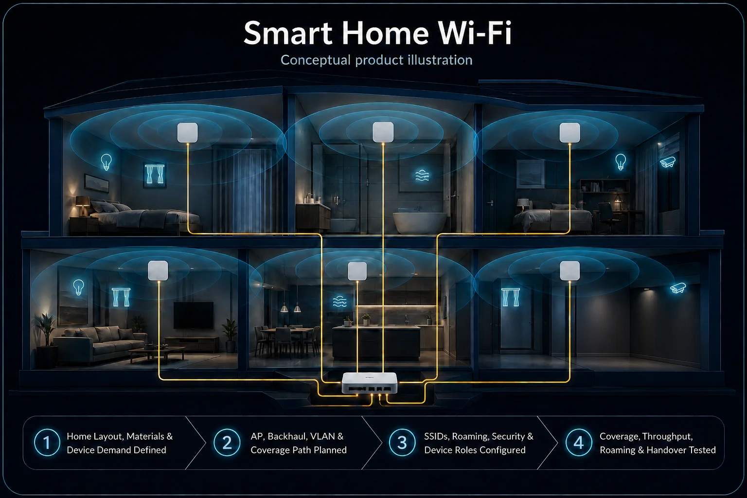 Conceptual Smart Home Wi-Fi canvas showing a multi-room home, generic access points, wired backhaul, radio coverage zones, device roles, roaming and handover tests without performance claims.
