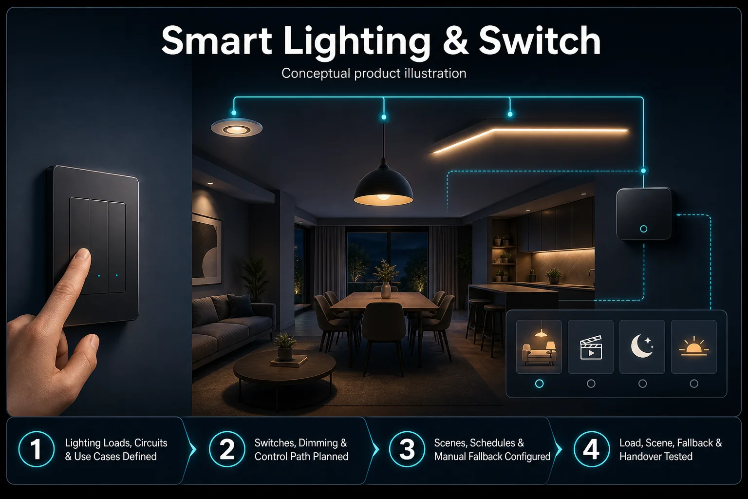 Conceptual Smart Lighting and Switch canvas showing a physical wall switch, gateway, downlight, pendant and LED strip, with dimming, scene, schedule, manual fallback and handover checks.