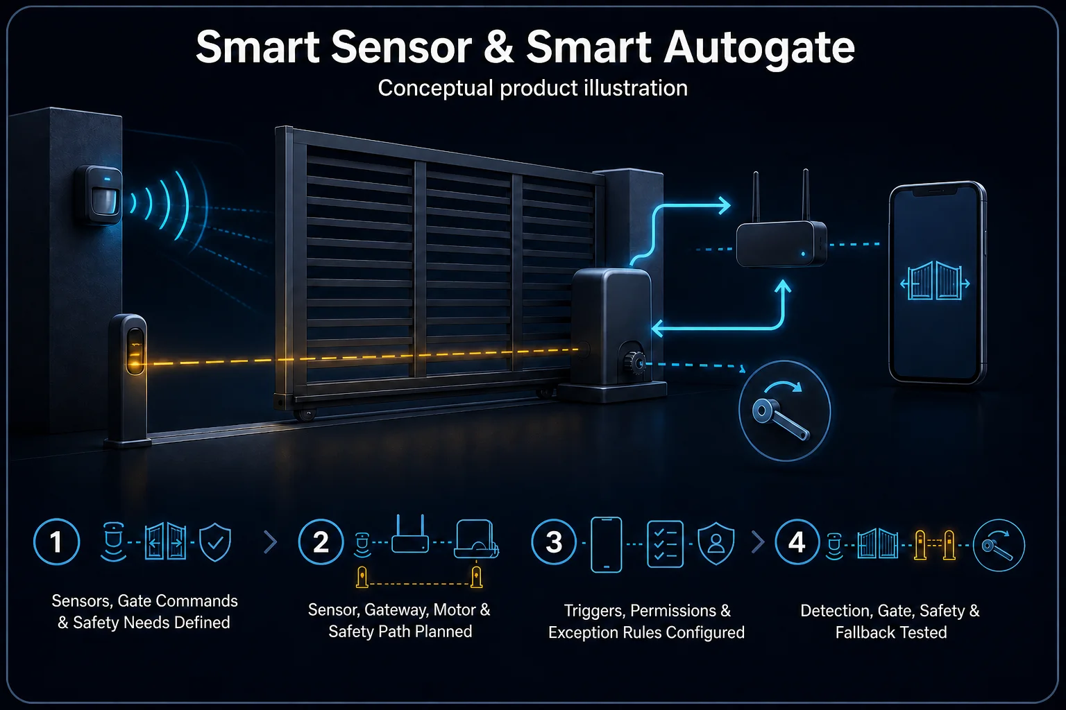 Conceptual Smart Sensor and Smart Autogate canvas distinguishing sensor trigger, authorised gate command and obstruction-safety paths, with gateway, motor and manual release.