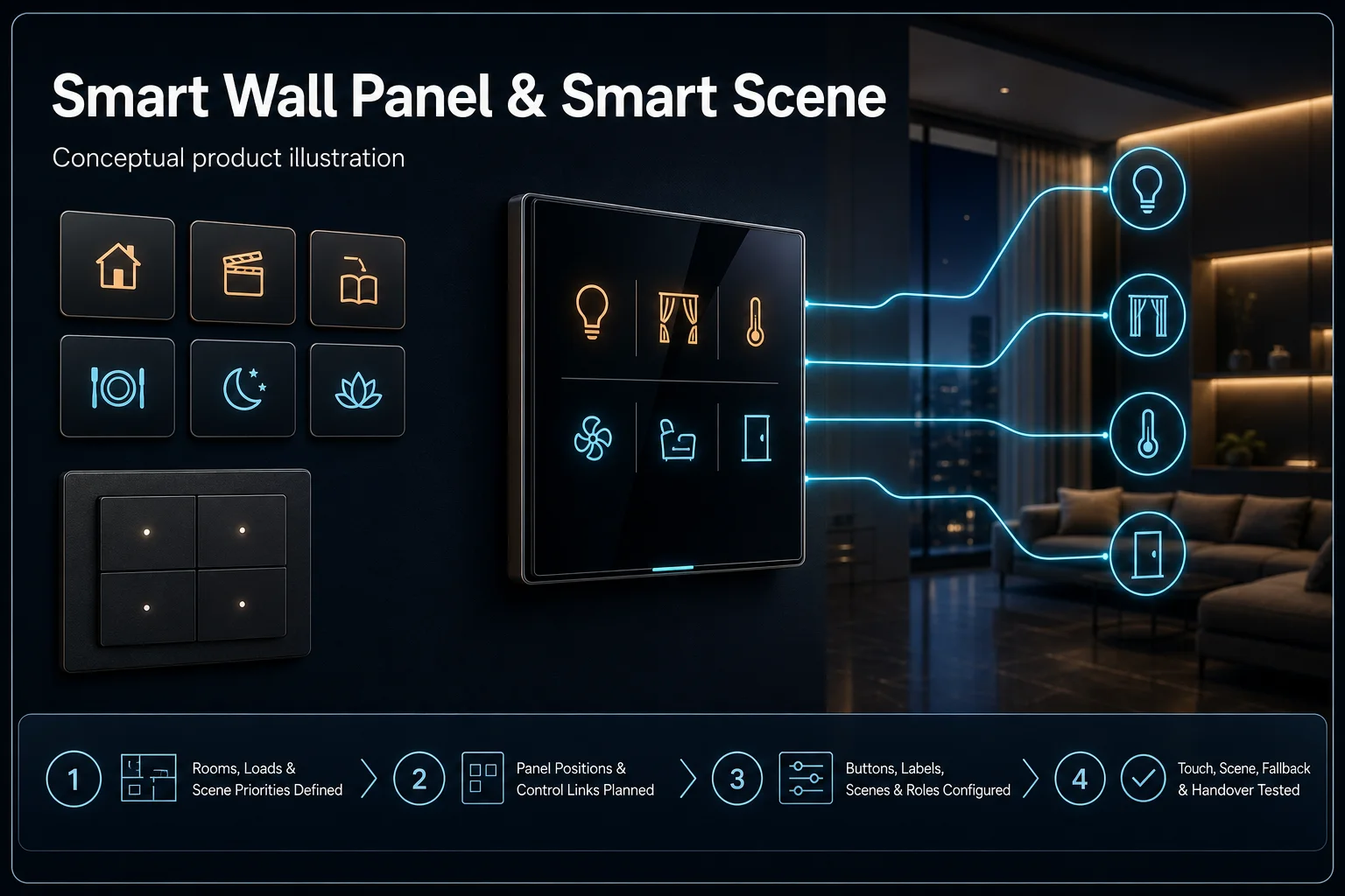 Conceptual Smart Wall Panel and Smart Scene canvas showing panel placement, icon-only scene controls, lighting, curtain, climate and entrance links, physical fallback and handover verification.