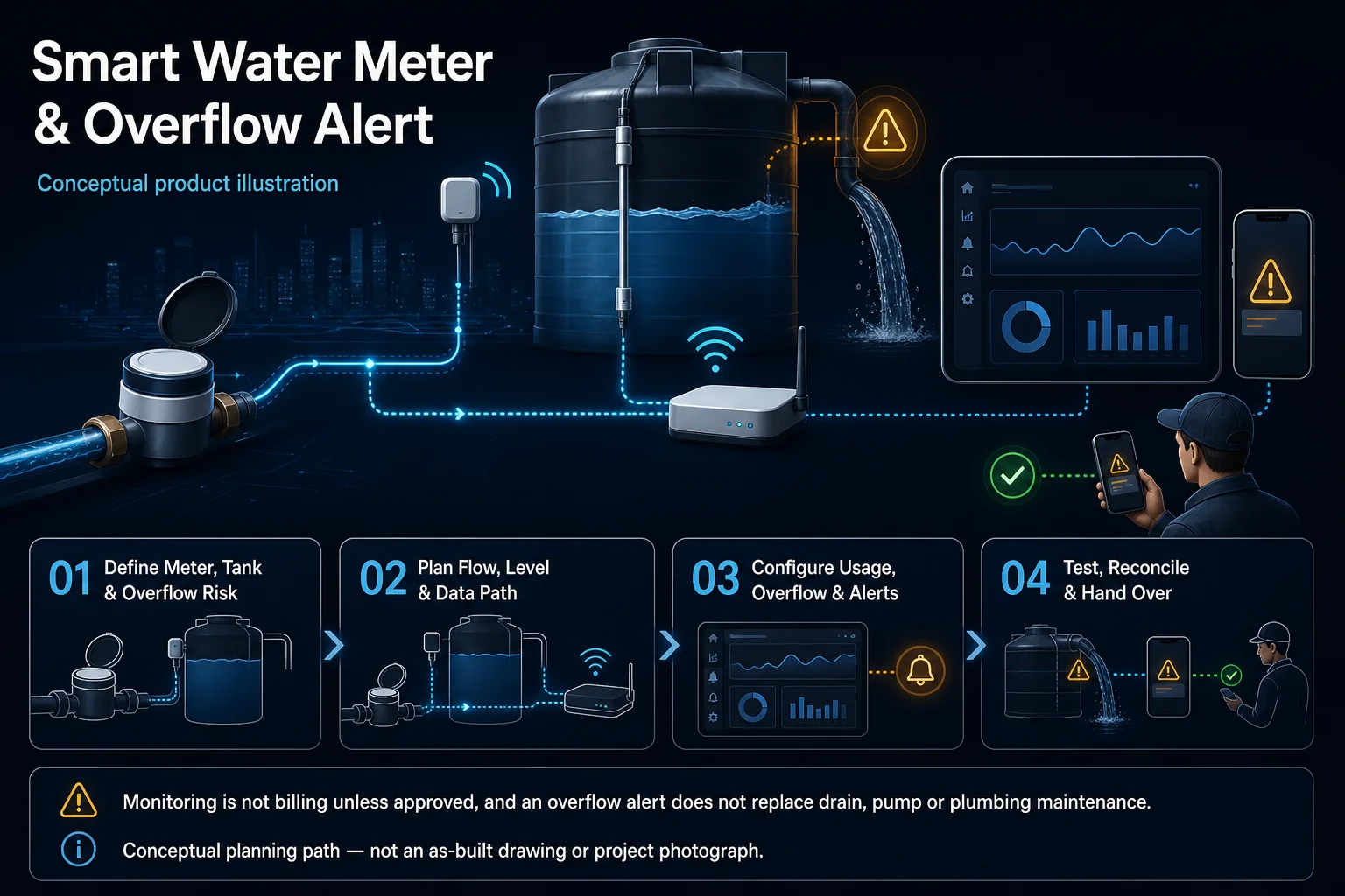 Conceptual Smart Water Meter and Overflow Alert canvas showing a blank meter, overflowing tank, flow and level sensors, gateway, blank usage view, alert and responsible operator without billing or prevention claims.
