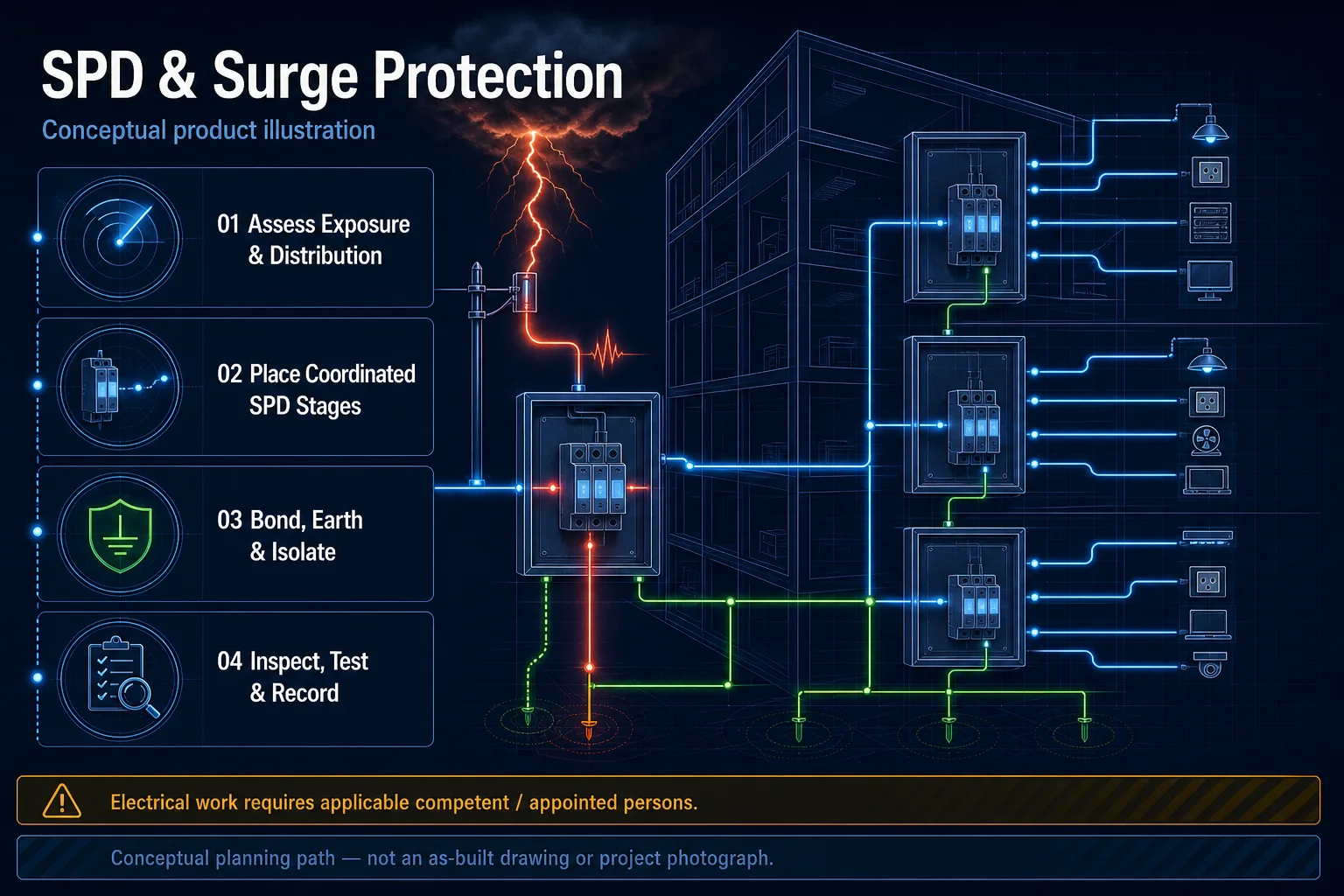 Conceptual SPD and Surge Protection canvas showing exposure, distributed protection stages, generic devices, surge diversion, bonding, earthing, isolation, inspection and competent-person responsibility.