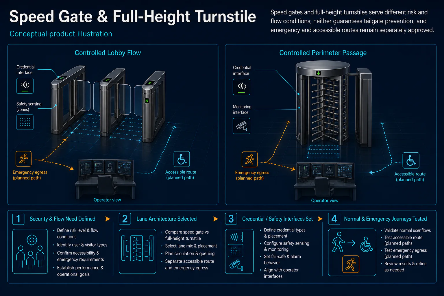 Conceptual Speed Gate and Full-Height Turnstile canvas comparing controlled lobby and perimeter passage while keeping accessible and emergency routes separate.