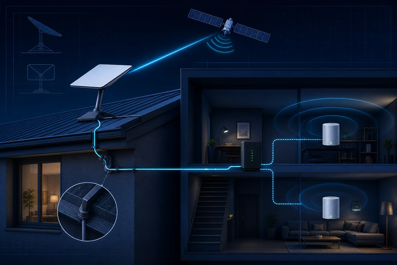 Starlink satellite internet installation path from dish and weatherproof cabling to router and mesh WiFi coverage
