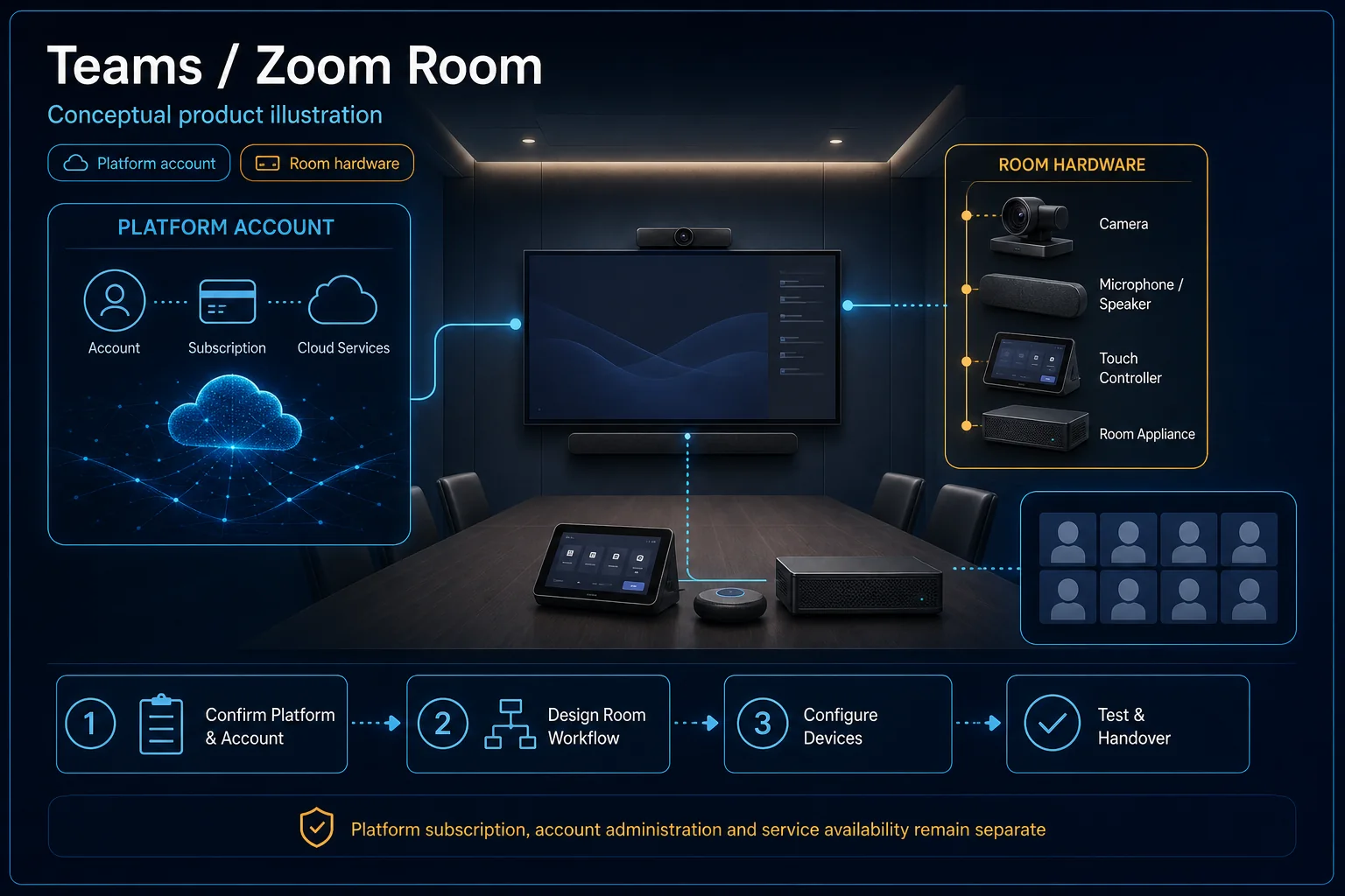 Platform-neutral Teams and Zoom Room system diagram