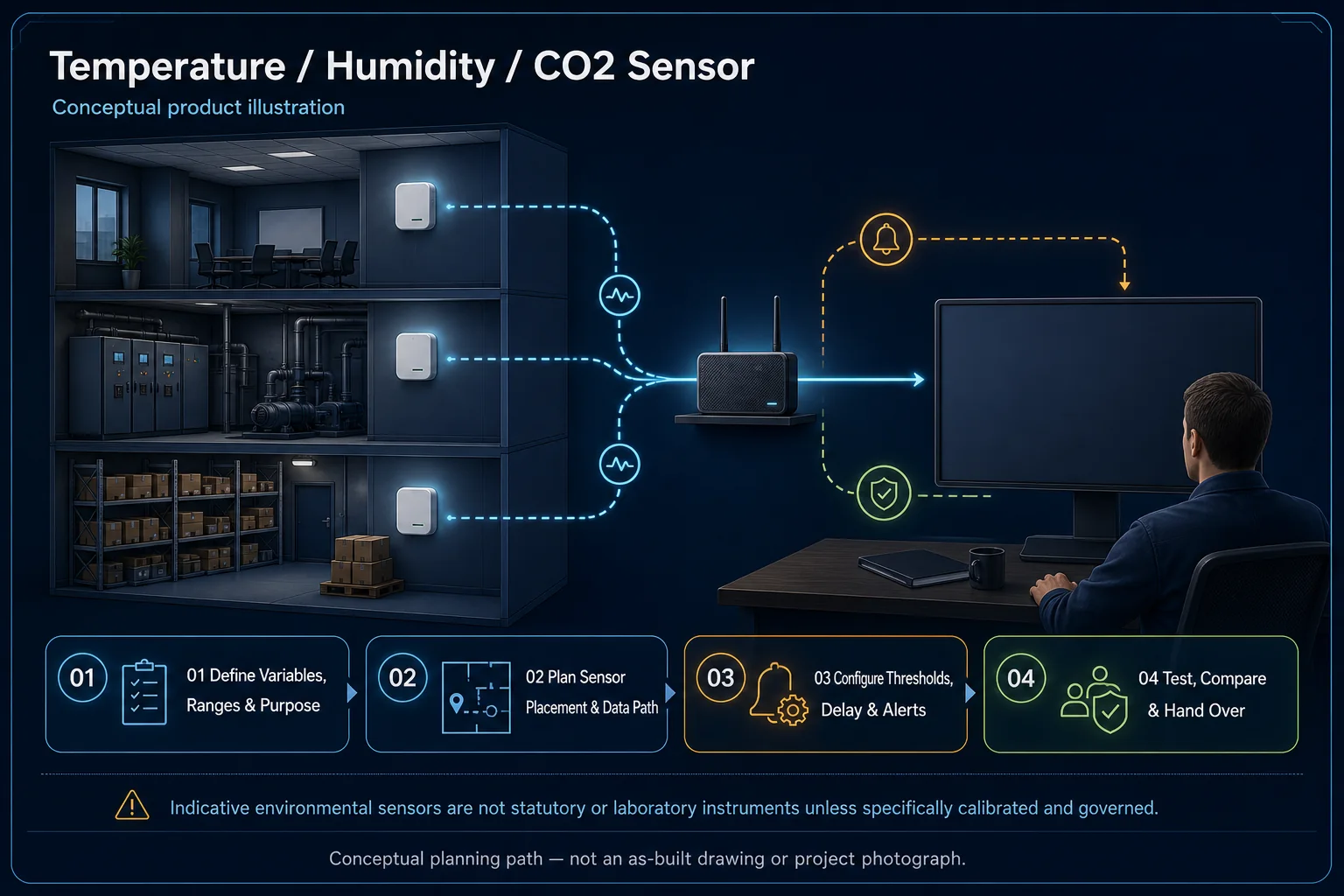 Conceptual Temperature, Humidity and CO2 Sensor canvas showing generic monitored spaces, wall sensors, gateway, blank dashboard, alert path, comparison and responsible operator without readings or statutory claims.
