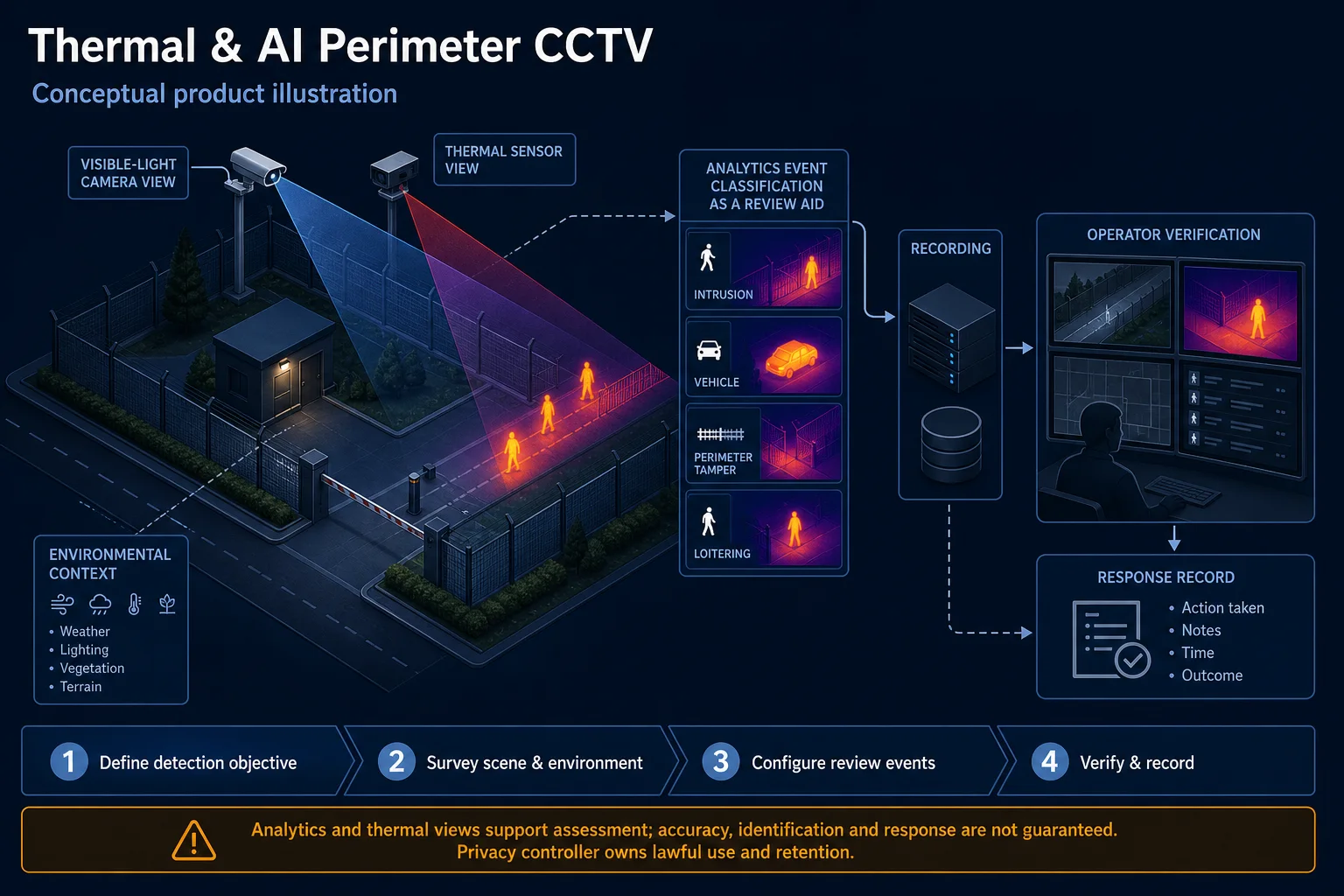 Conceptual Thermal and AI Perimeter CCTV canvas showing visible-light and thermal views, environmental context, analytics as a review aid, recording, operator verification and privacy-controlled response records.