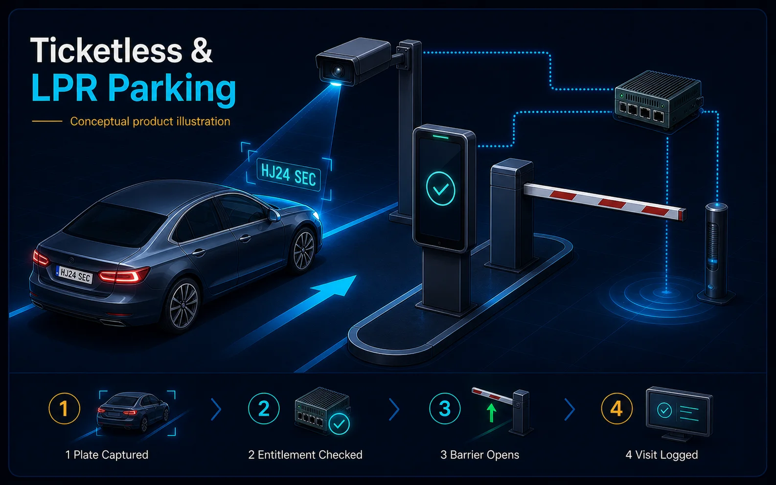 Conceptual Ticketless and LPR Parking canvas showing plate capture, entitlement checking, barrier control and a recorded parking visit.