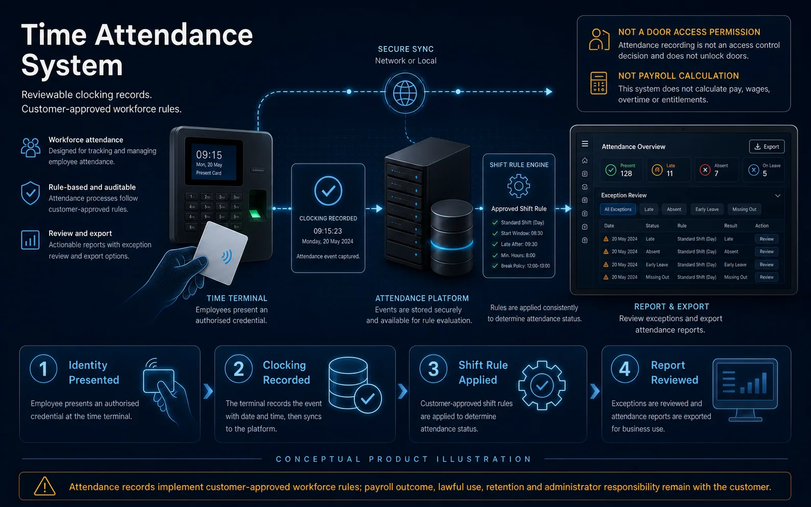 Conceptual Time Attendance System canvas showing credential presentation, clocking capture, customer-approved shift-rule evaluation, exception review and reporting.