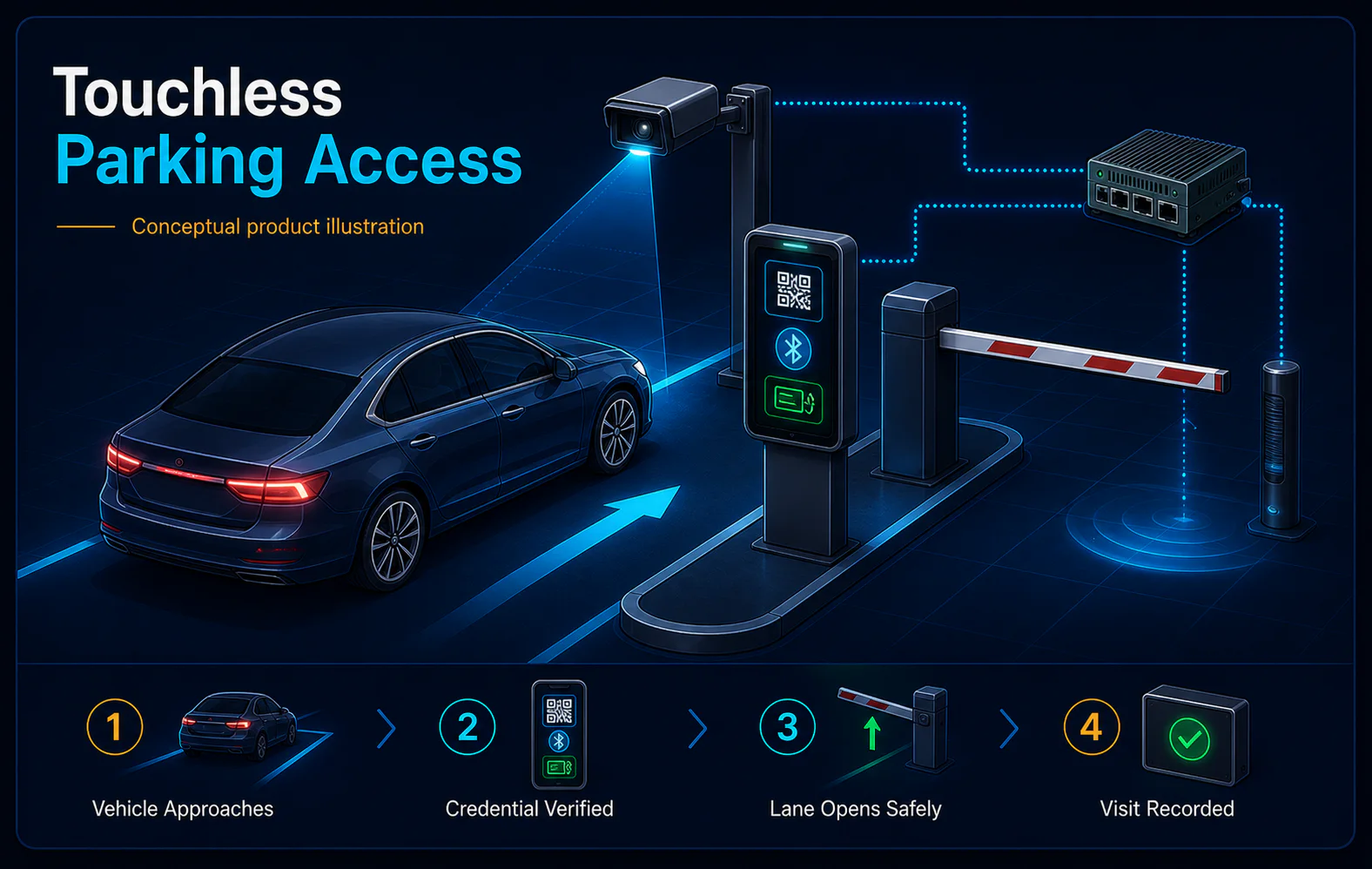 Conceptual Touchless Parking Access canvas showing a vehicle, ANPR camera, QR and Bluetooth credential reader, barrier and safety sensor.