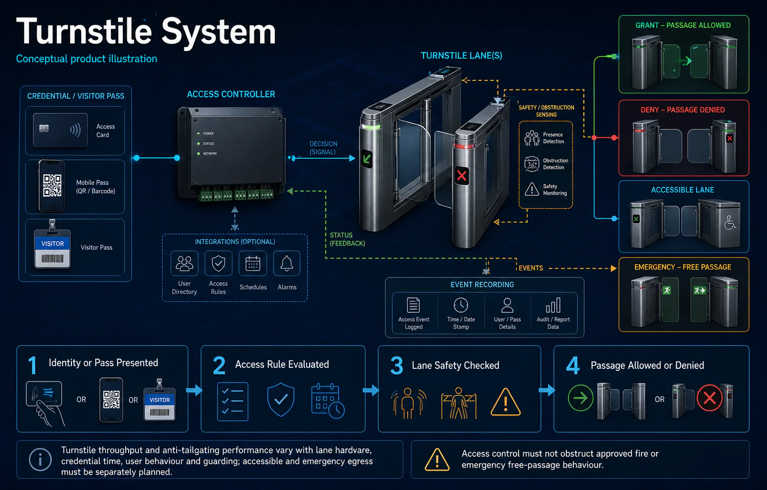 Conceptual Turnstile System canvas showing credential input, access-rule evaluation, lane safety sensing, grant or deny outcomes, accessible passage, emergency release and event recording.