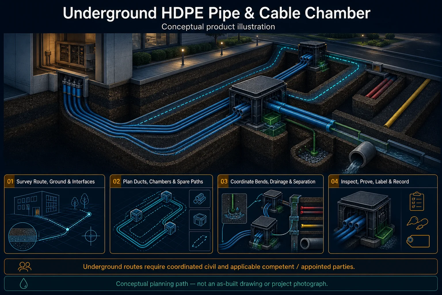 Conceptual Underground HDPE Pipe and Cable Chamber canvas showing building entry, underground ducts, accessible chambers, pull points, spare route, bends, utility separation, drainage and coordinated civil responsibility without fixed dimensions.