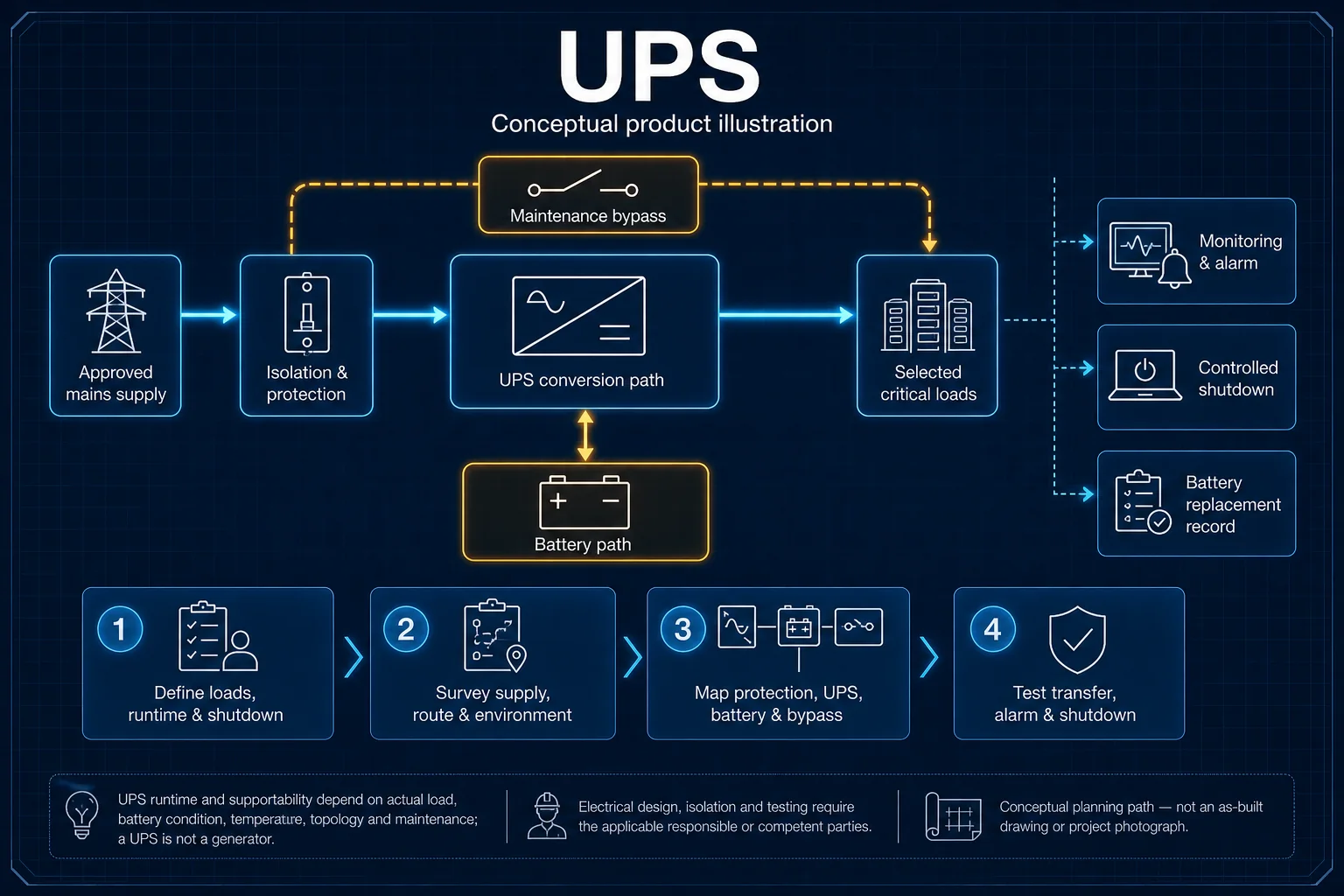 Conceptual UPS canvas showing approved loads, supply and bypass paths, UPS and battery, monitored output, mains failure, restoration, controlled shutdown, runtime test and maintenance-record boundaries.