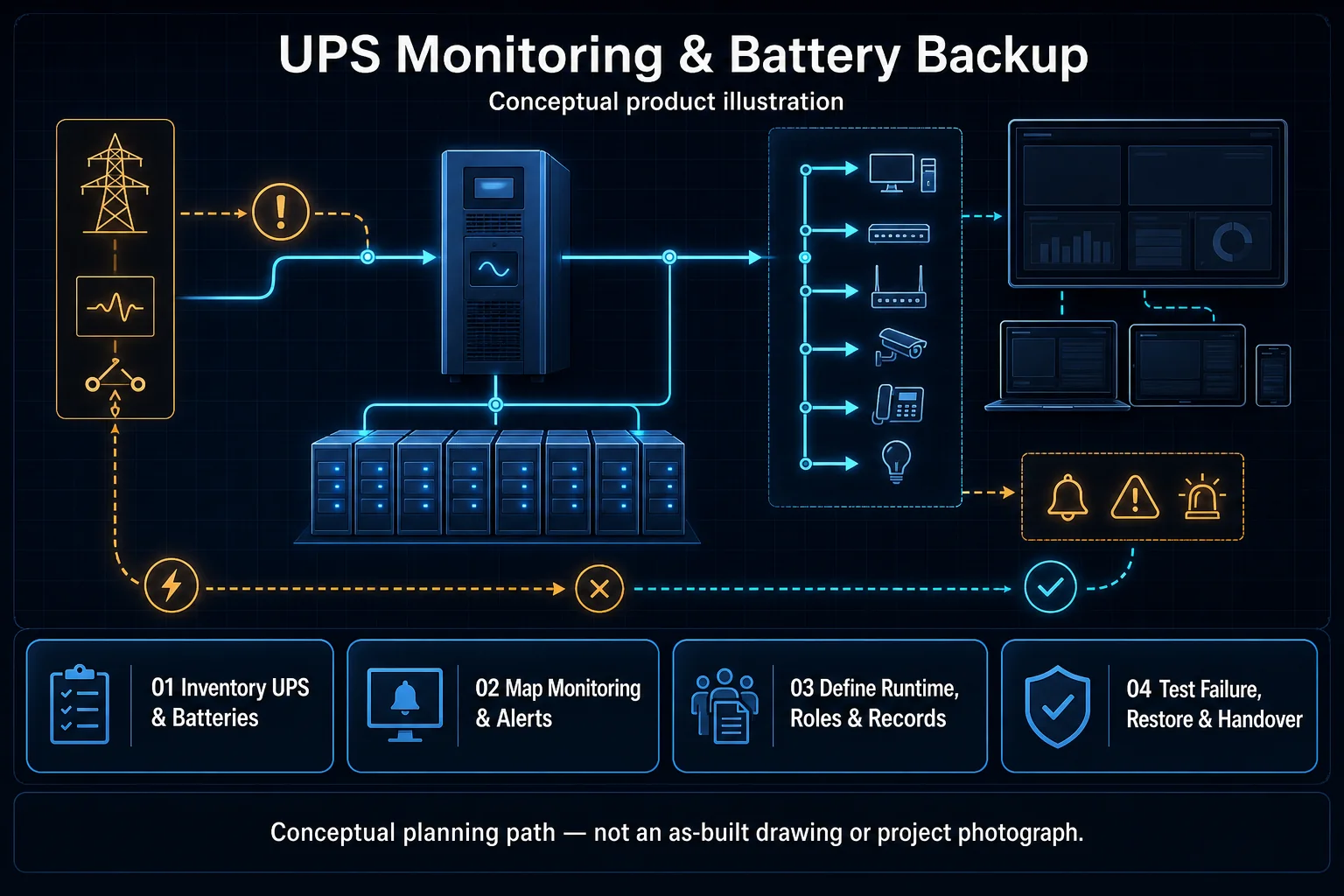 Conceptual UPS Monitoring and Battery Backup canvas showing a generic UPS, abstract battery bank, blank monitoring view, alert and approved-load paths, failure, restoration, ownership and service records.