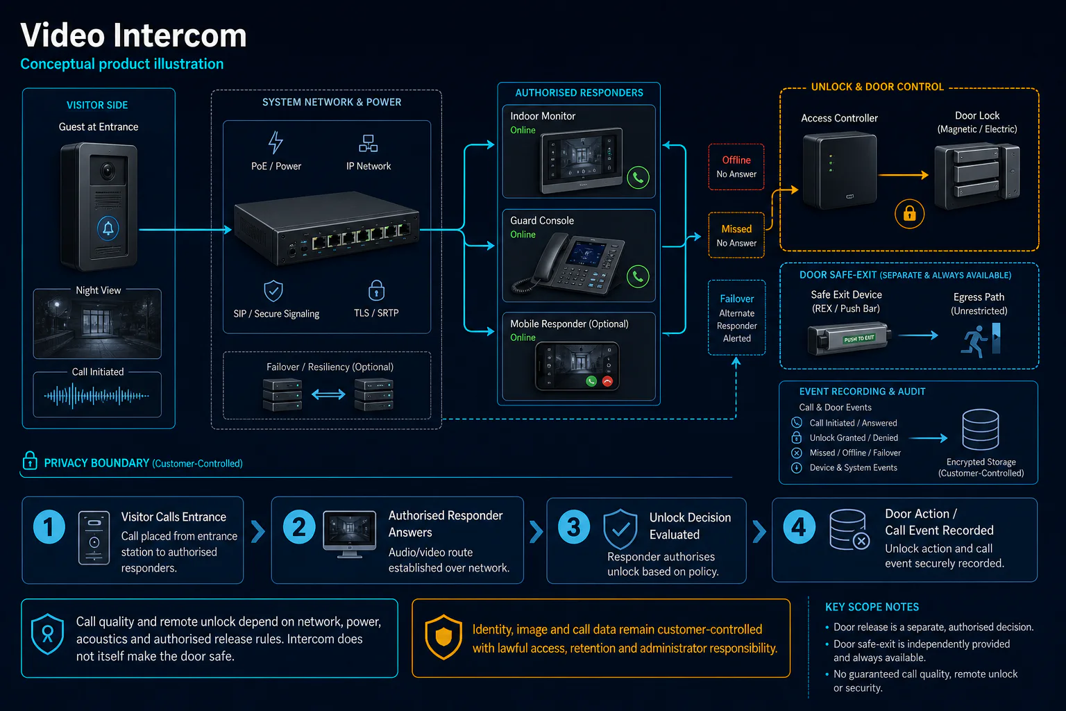 Conceptual Video Intercom canvas showing an entrance call, network and power path, authorised responders, a separate unlock decision, safe exit, failover and call-event recording.