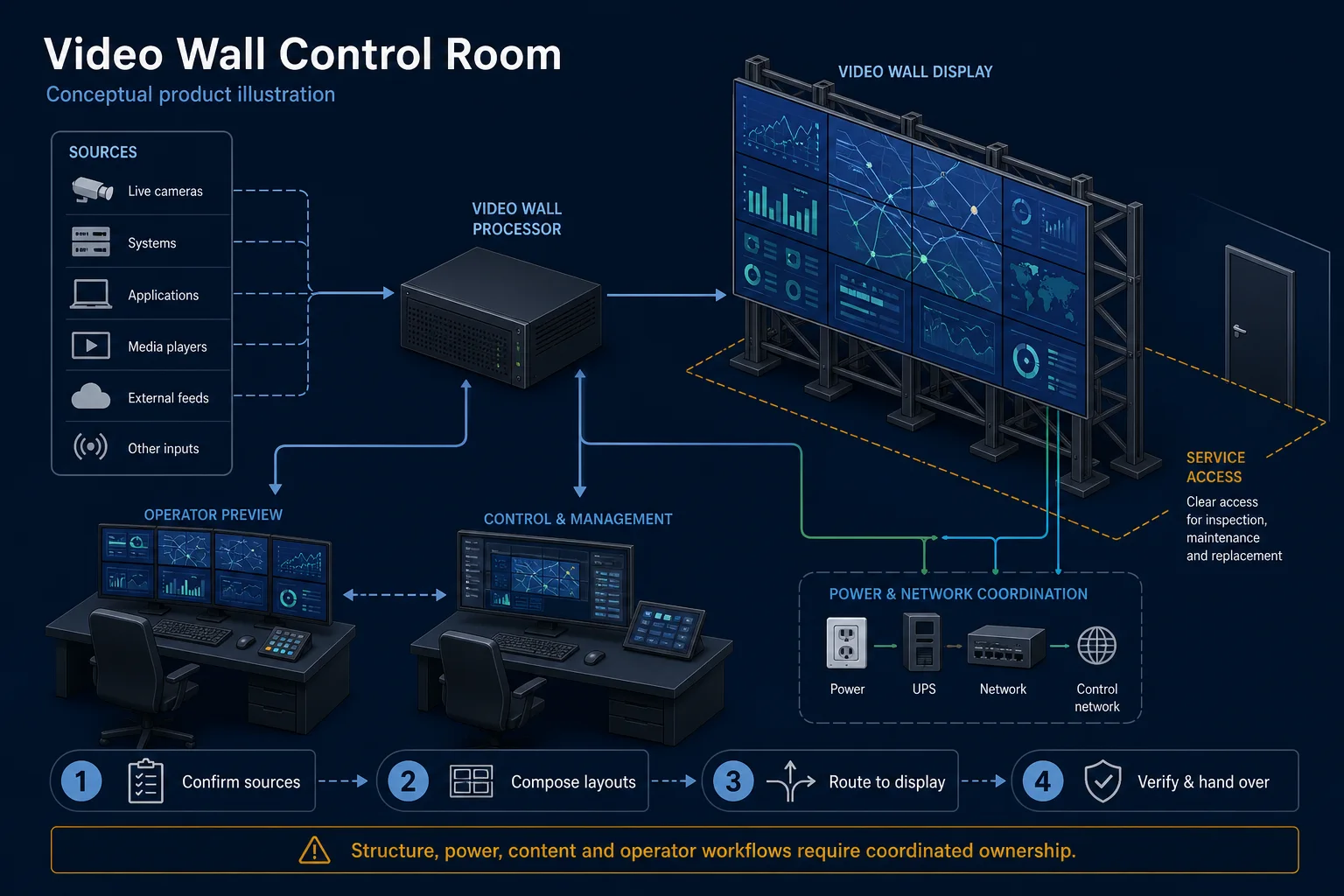 Conceptual Video Wall Control Room canvas showing generic sources, a video-wall processor, modular display, operator preview and control, mounting, power, network and service access.
