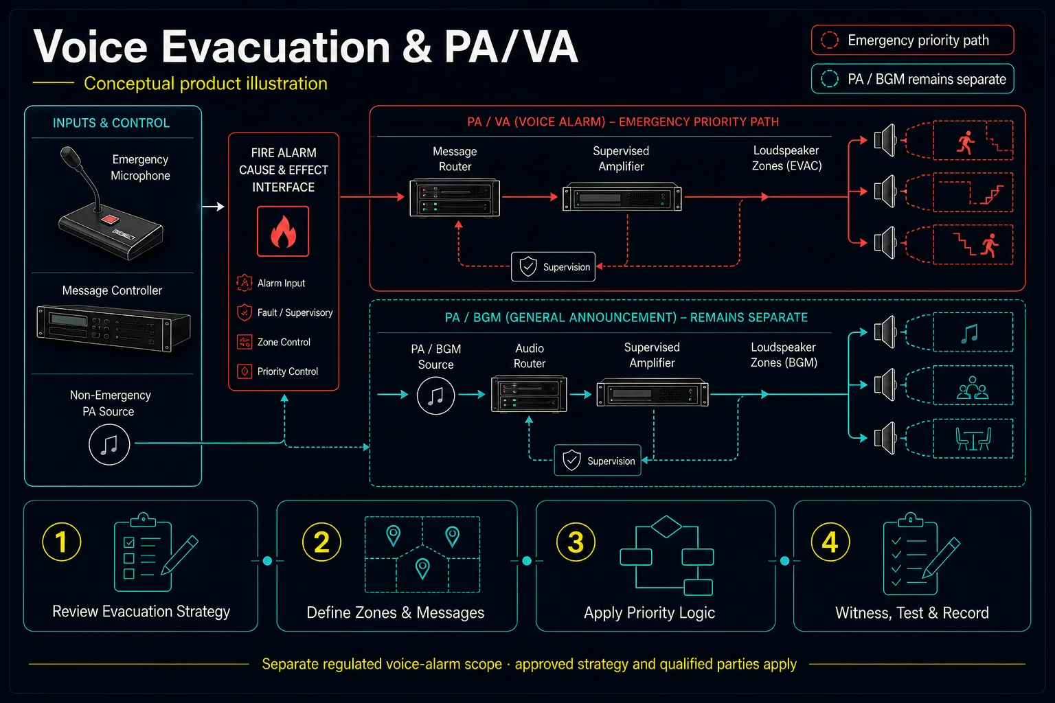 Conceptual Voice Evacuation and PA/VA canvas separating an emergency-priority microphone, message, amplifier and loudspeaker path from ordinary PA and background music.