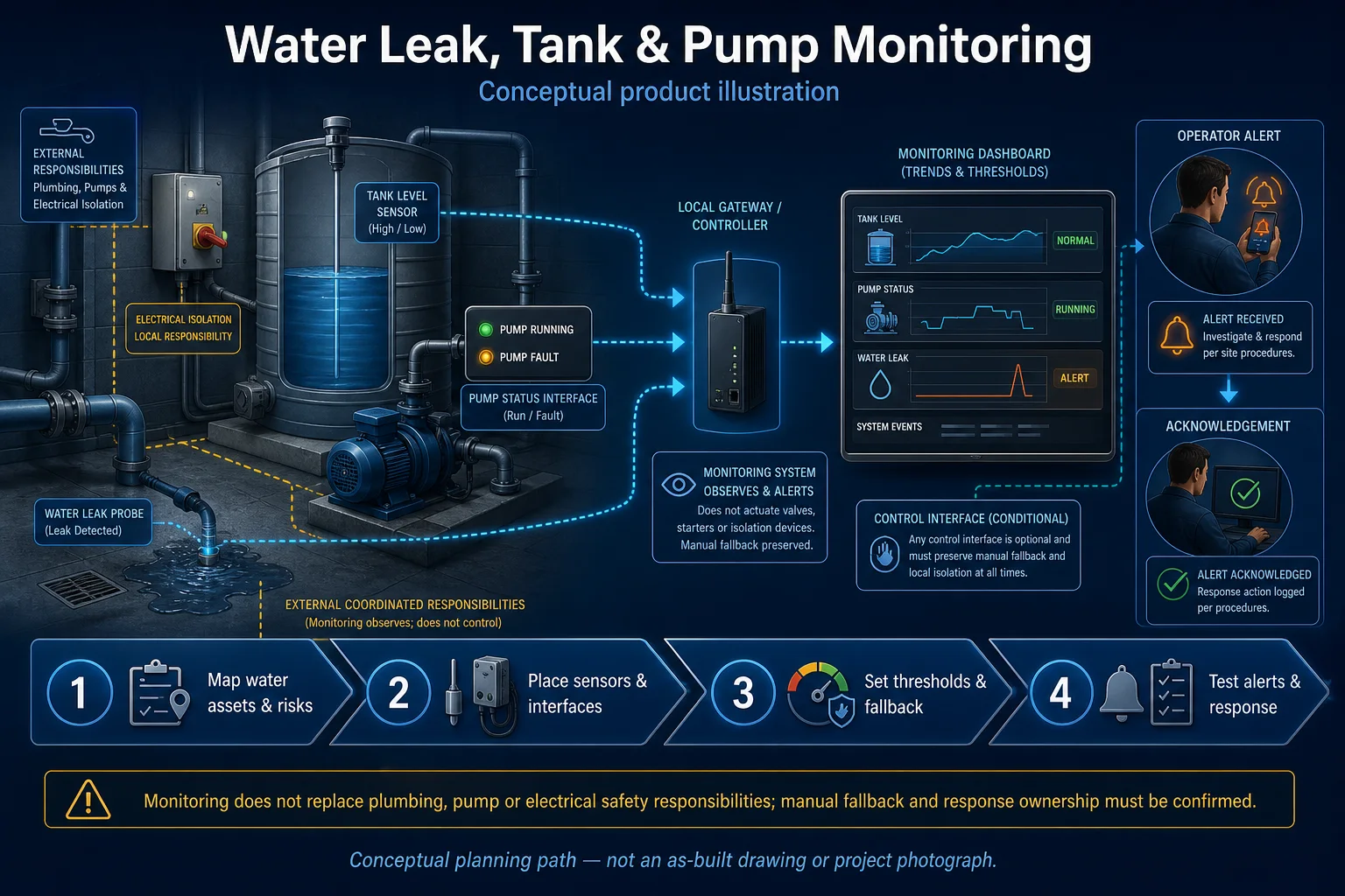 Conceptual Water Leak, Tank and Pump Monitoring canvas showing leak, tank-level and pump-status inputs, gateway, threshold view, alerts, acknowledgement and external plumbing, pump and electrical responsibilities.