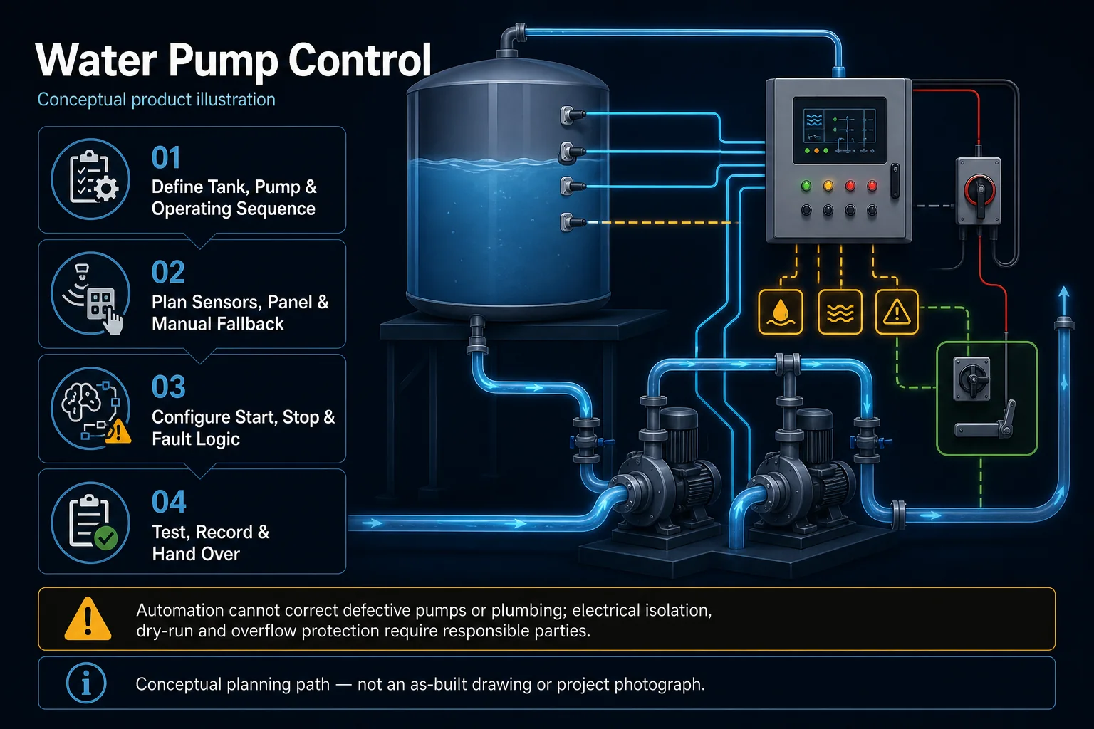 Conceptual Water Pump Control canvas showing a generic tank, pump pair, sensors, control panel, isolation, manual fallback, start and stop logic, dry-run and overflow protection and responsible-party boundary.