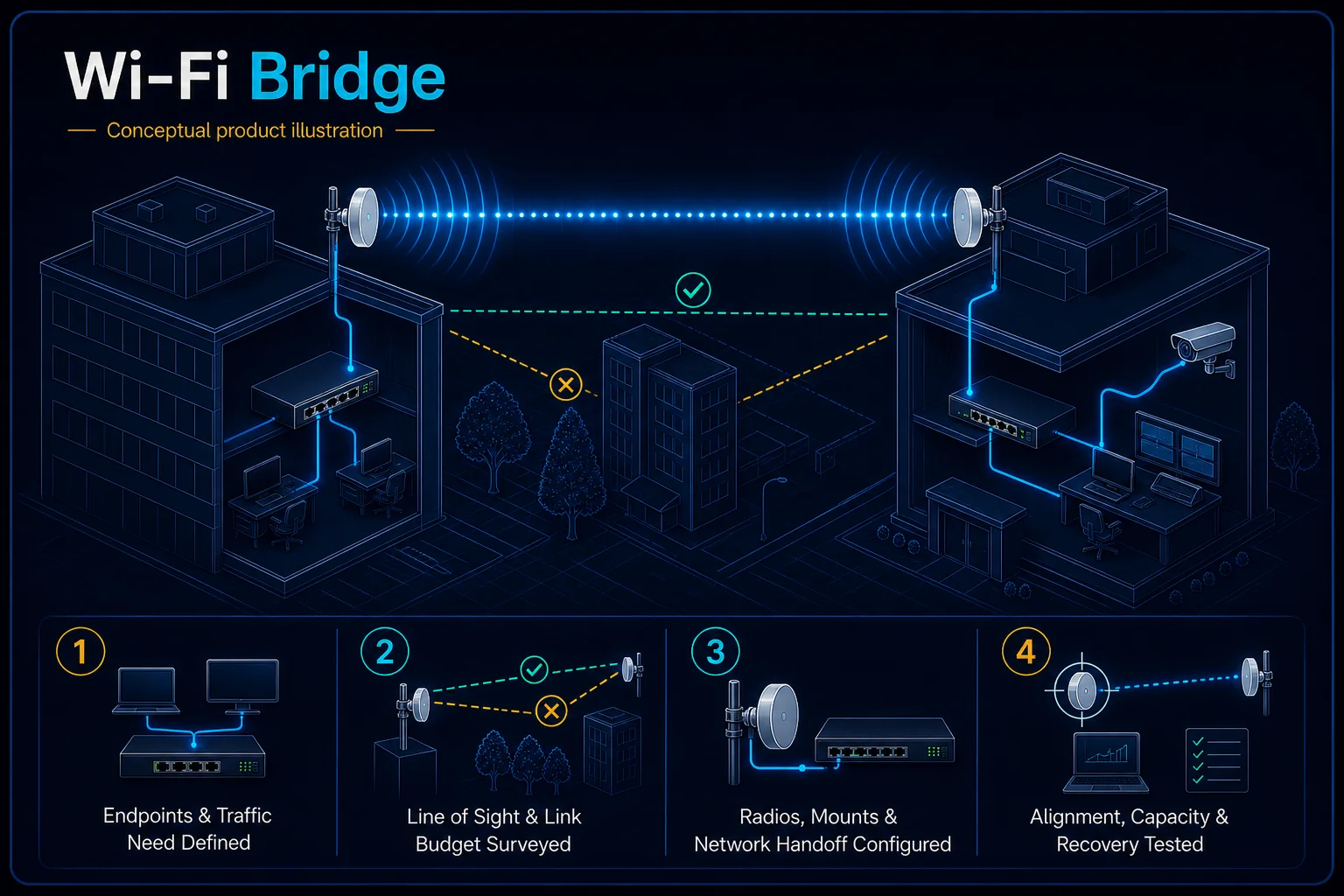 Conceptual Wi-Fi Bridge canvas showing two building endpoints, line-of-sight and obstruction assessment, directional radios, mounts, network handoff, alignment and recovery tests.