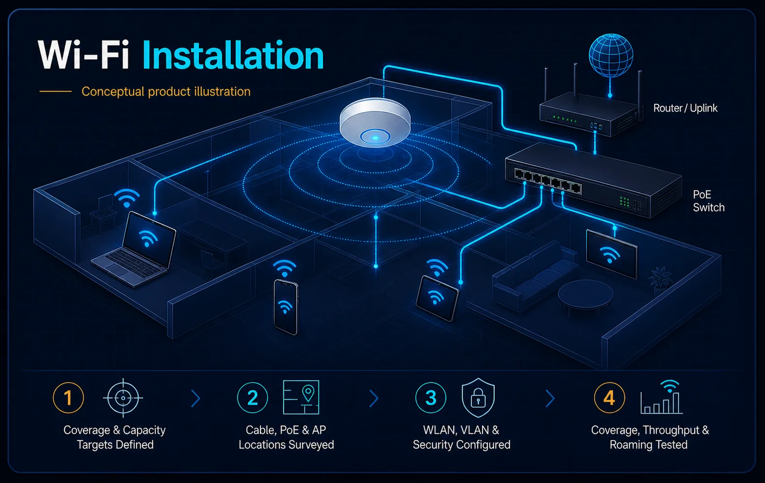 Conceptual Wi-Fi Installation canvas showing the uplink, PoE switching, access-point locations, client coverage zones, network policy and acceptance-testing path.