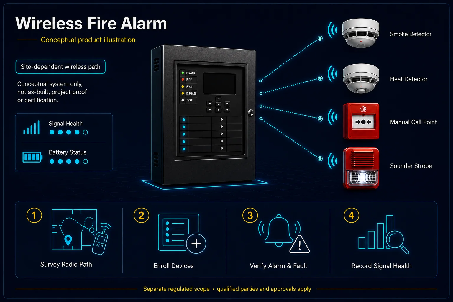 Conceptual Wireless Fire Alarm canvas showing generic radio paths from a panel to detectors, manual initiation and notification, with site-dependent signal-health and battery checks but no range guarantee.