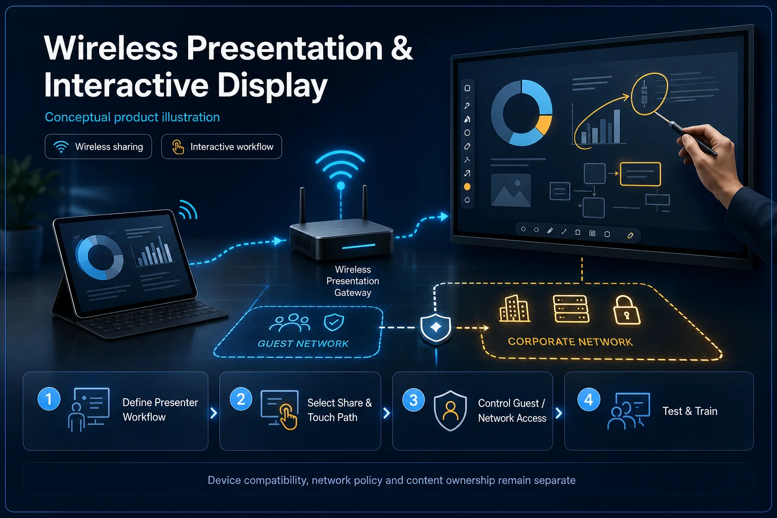 Conceptual Wireless Presentation and Interactive Display canvas showing a presenter device, generic sharing gateway, touch display and separated guest and corporate network paths.