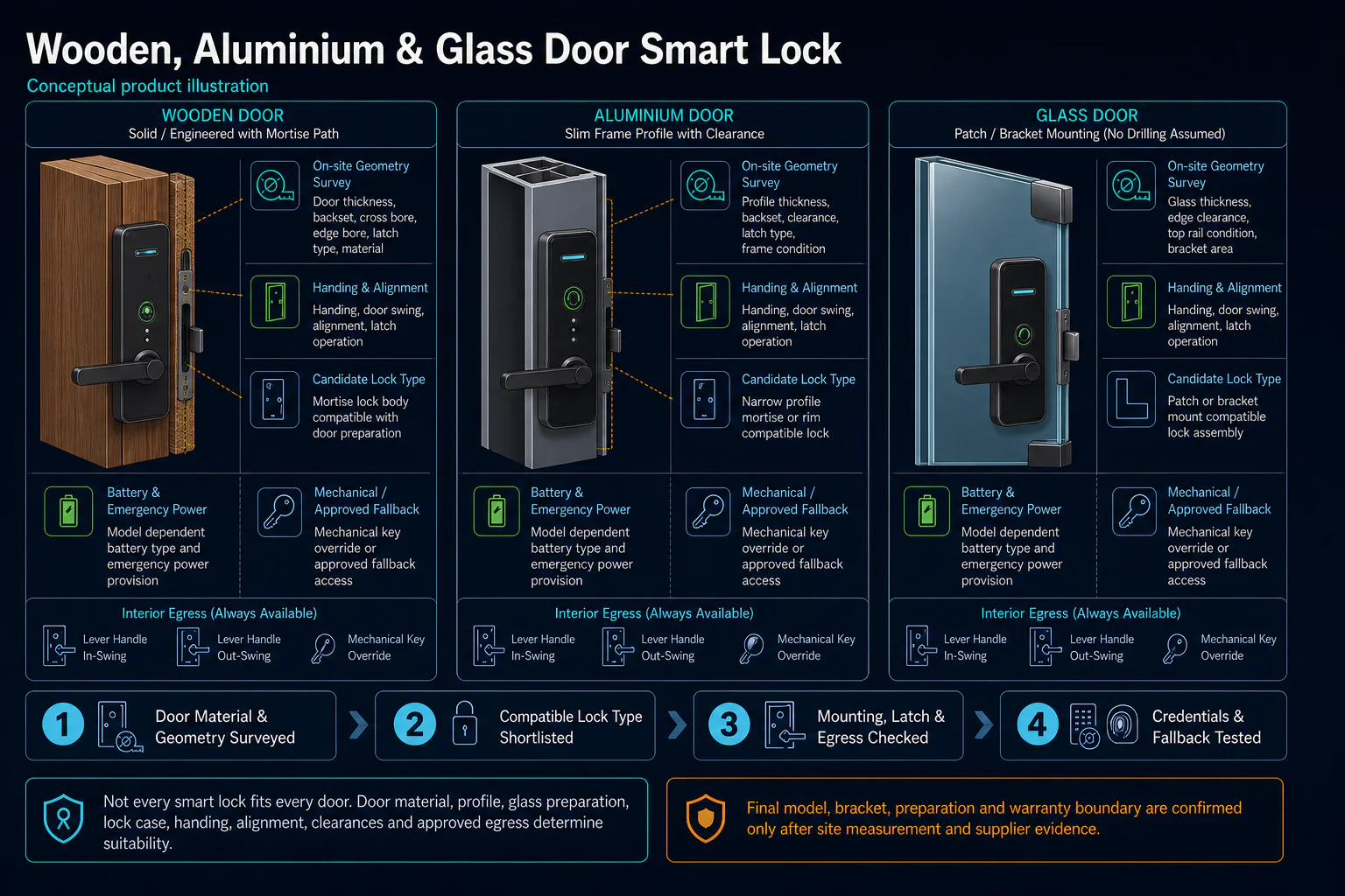 Conceptual Wooden, Aluminium and Glass Door Smart Lock canvas comparing site geometry, compatible lock types, mounting, fallback and egress without a universal-fit claim.