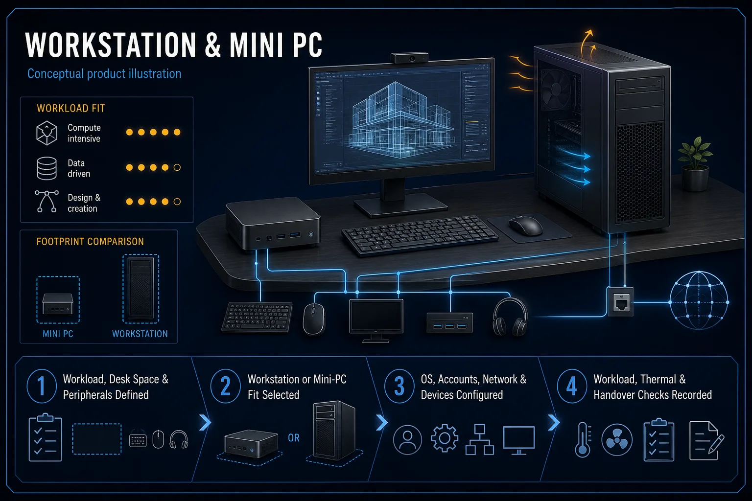 Conceptual Workstation and Mini PC canvas comparing workload, desk-space and peripheral needs, hardware form-factor fit, system and network setup, thermal checks and handover.