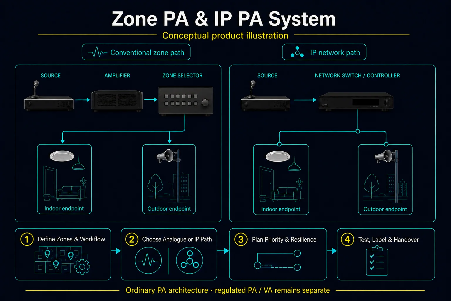 Conceptual Zone PA and IP PA System canvas comparing a conventional source, amplifier and zone path with a generic IP network controller and representative indoor and outdoor endpoints.