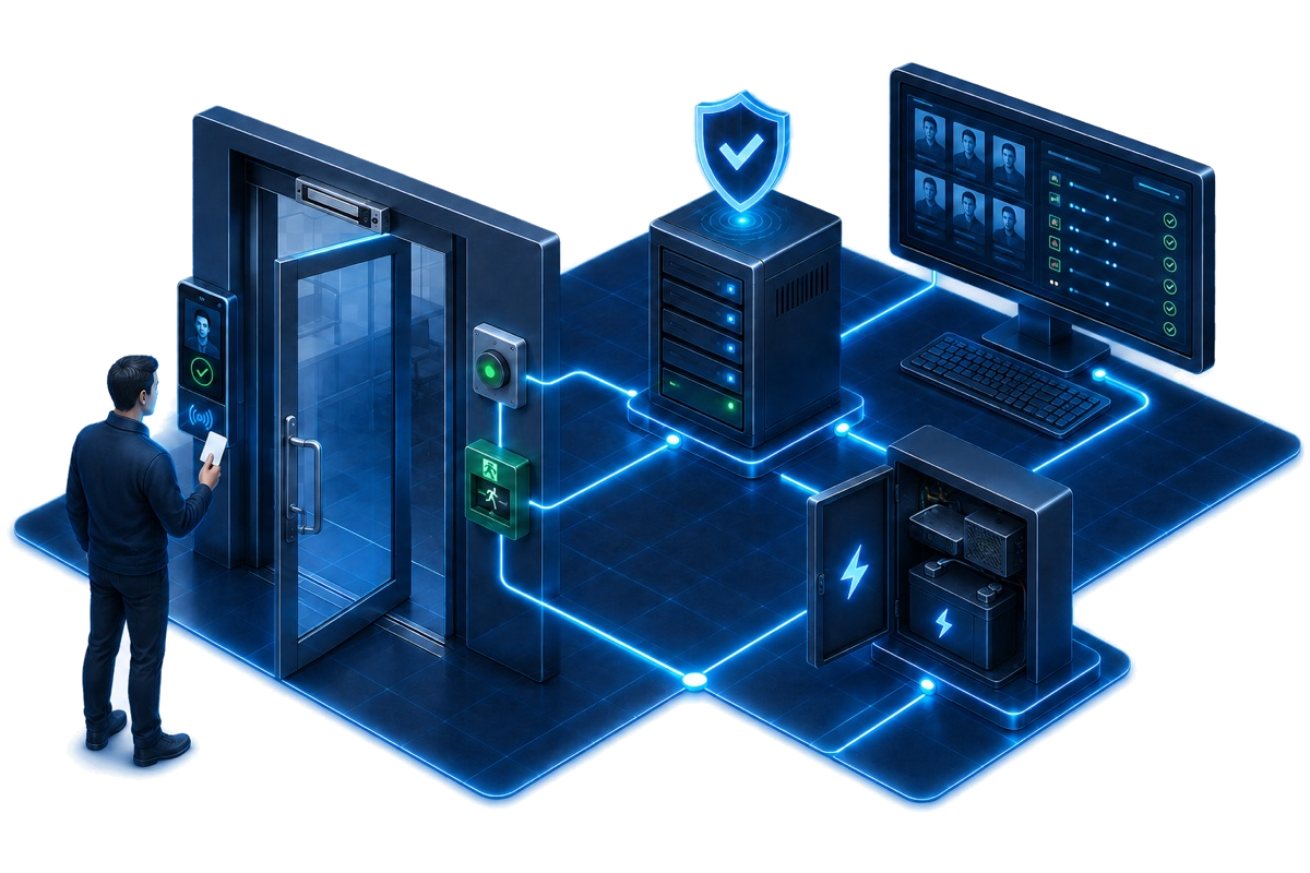 Conceptual illustration of an HJ access and identity solution linking a facial-recognition terminal, controlled door, emergency exit release, controller, management software and backup power.