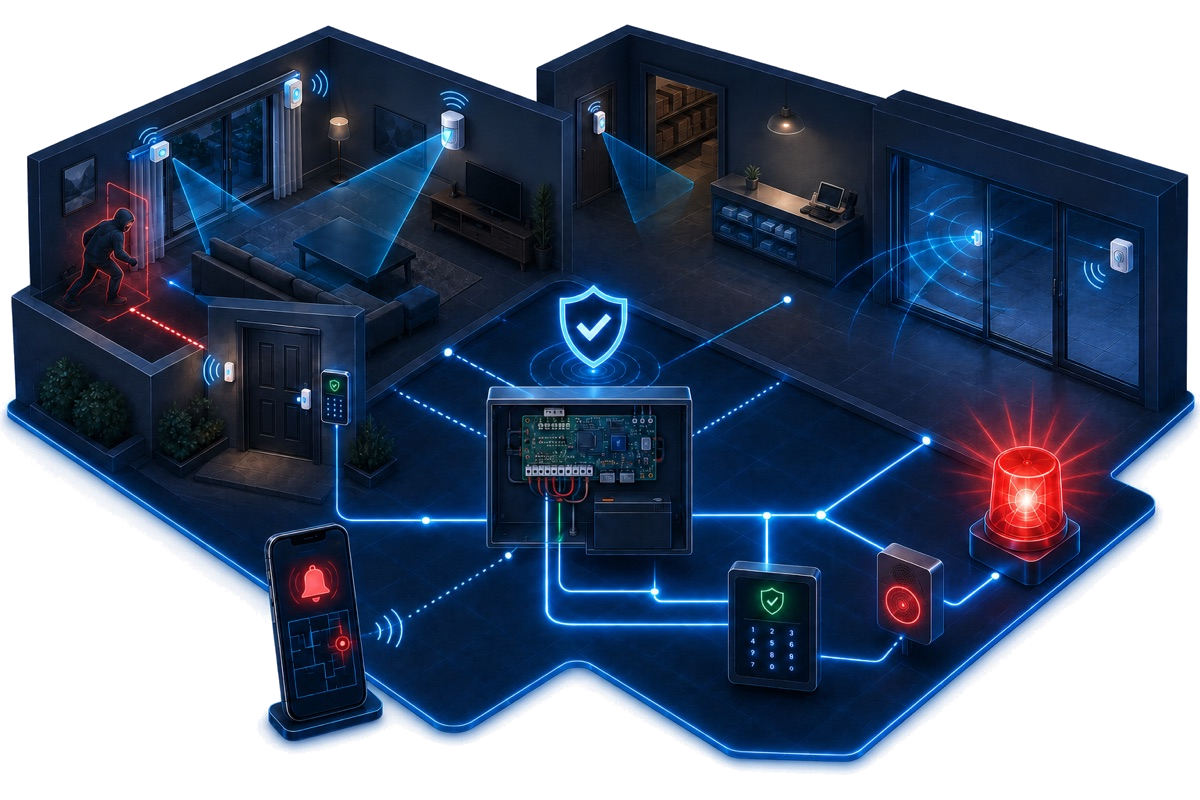 Conceptual illustration of an HJ alarm and detection solution linking a control panel, wired and wireless detectors, keypad, siren, mobile alert and protected rooms.