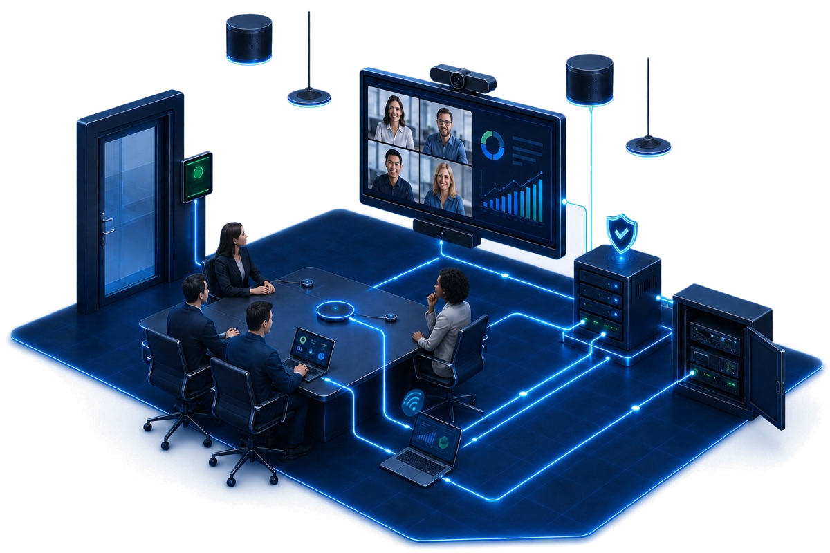 Conceptual illustration of an HJ audiovisual and collaboration solution linking a meeting-room display, video-conferencing camera, microphones, speakers, network and AV equipment rack.