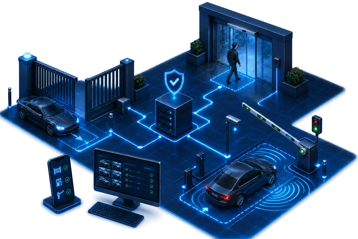 Conceptual illustration of an HJ entrance and parking solution linking an autogate, barrier gate, LPR camera, vehicle safety detection and automatic door.