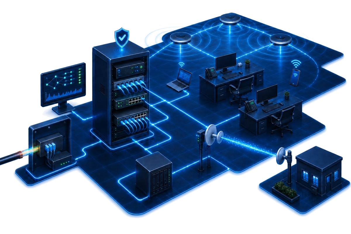 Conceptual illustration of an HJ connectivity and communications solution linking fibre, structured cabling, network rack, switching, Wi-Fi, storage and user devices.