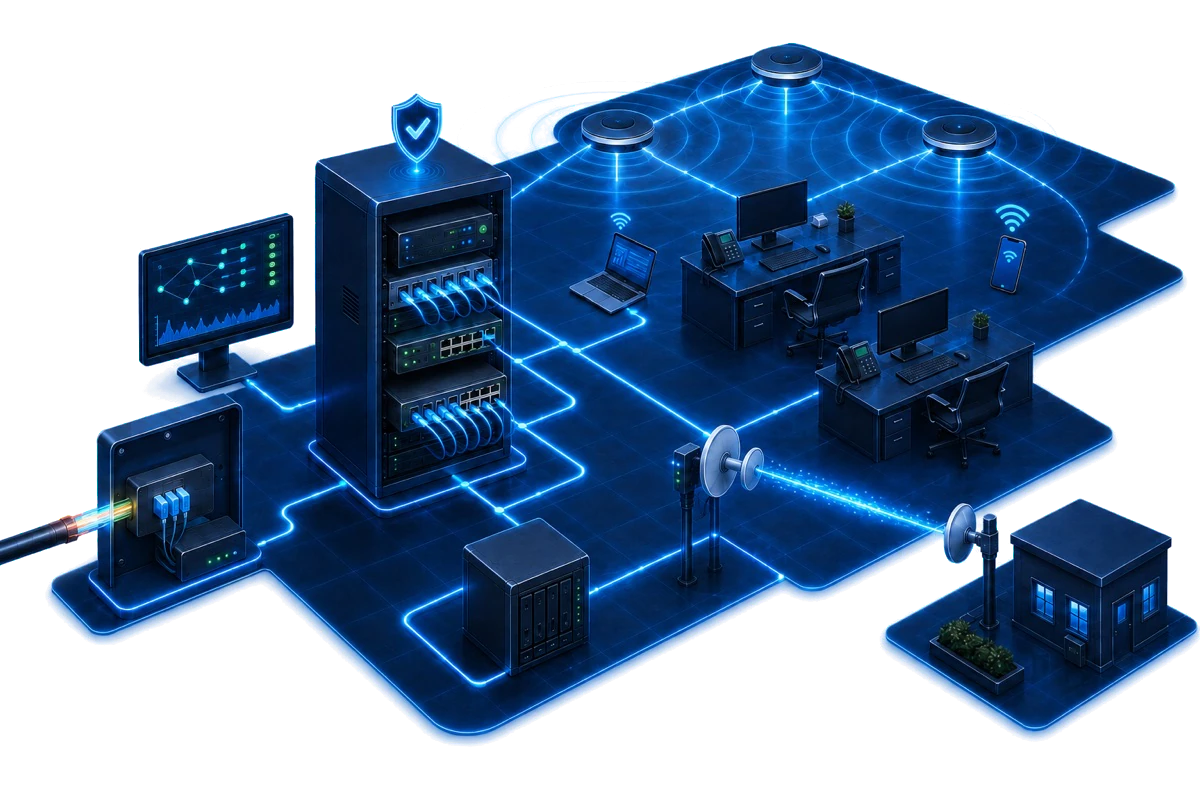 Conceptual illustration of an HJ connectivity and communications solution linking fibre, structured cabling, network rack, switching, Wi-Fi, storage and user devices.