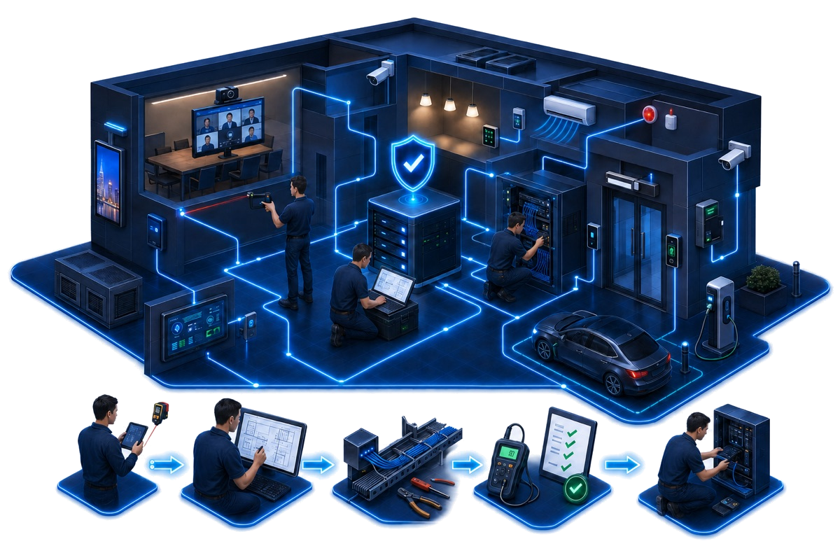 Conceptual illustration of HJ ELV Complete delivery coordinating audiovisual, CCTV, access control, alarm, network and commissioning workflow within one building.